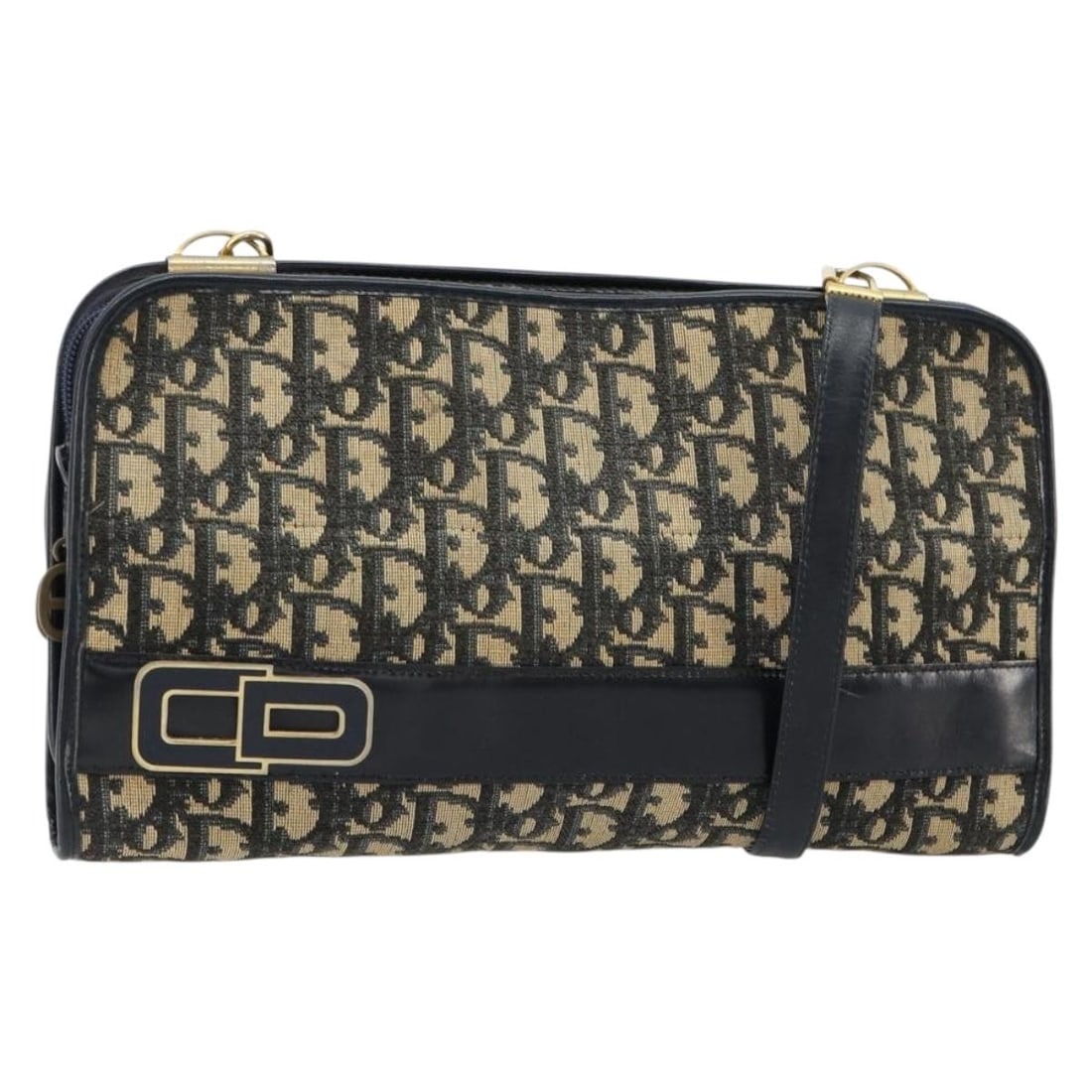 Christian Dior Trotter Shoulder Bag in Navy Gold Canvas: Christian Dior Trotter Shoulder Bag in Navy Gold Canvas A Christian Dior Trotter canvas shoulder bag in navy and gold, made in France. The bag has a shoulder bag style and measures approximately 29 cm