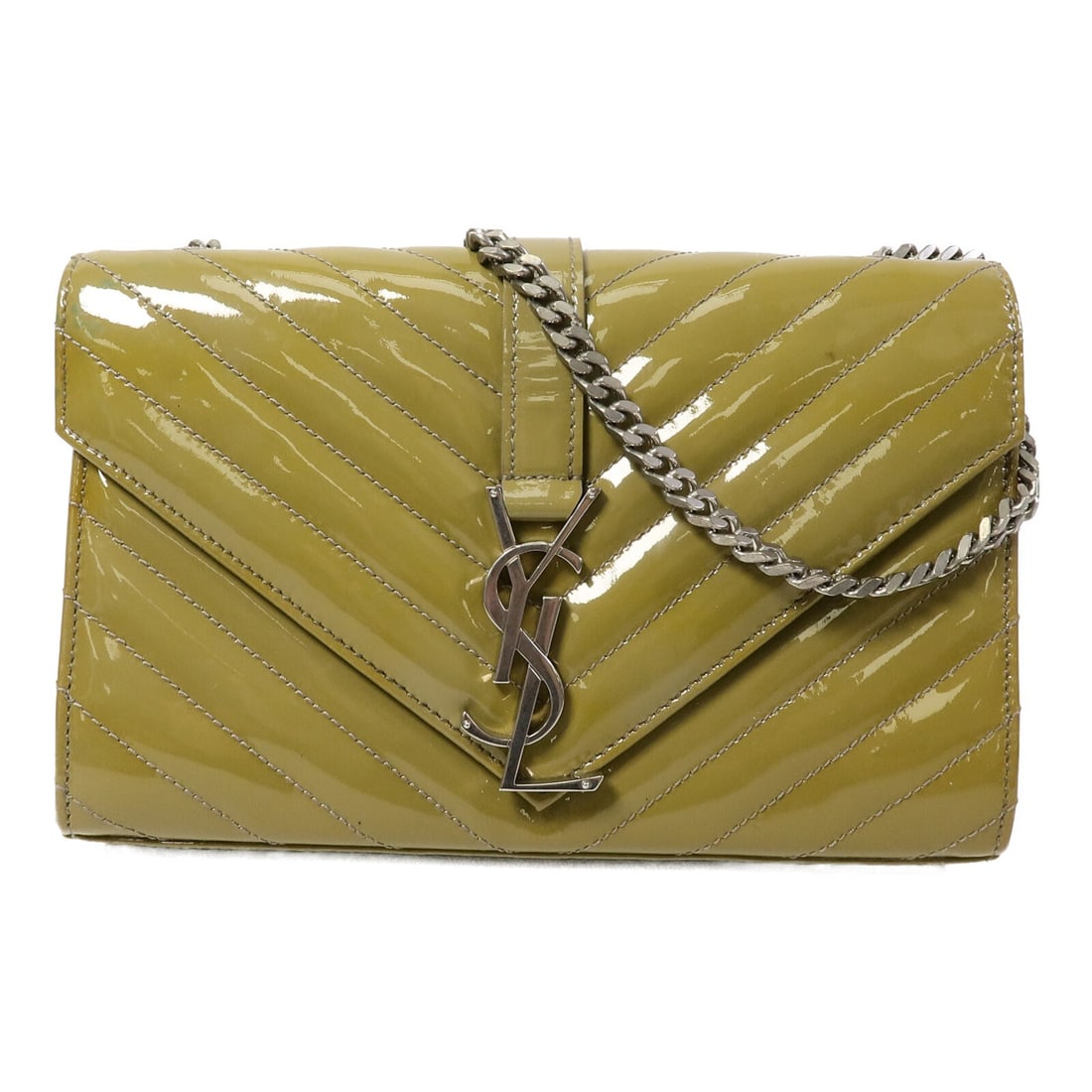 Yves Saint Laurent 396909 patent leather shoulder bag yellow with chain: Yves Saint Laurent 396909 patent leather shoulder bag yellow with chain YVES SAINT LAURENT YSL SHW Chain Shoulder Bag, model 396909, in patent leather. The bag is described in yellow and green, with a