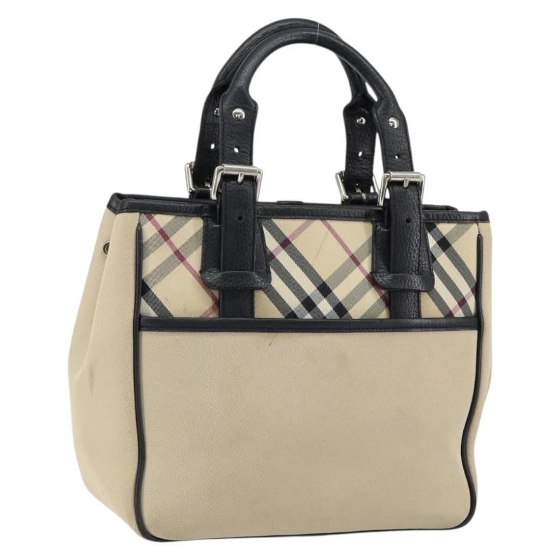 BURBERRY Nova Check Beige Canvas Hand Bag Silver Auth: BURBERRY Nova Check Beige Canvas Hand Bag Silver Auth Stylishly designed, this BURBERRY Nova Check Hand Bag is crafted from durable canvas in a sophisticated beige and silver color combination. Measur
