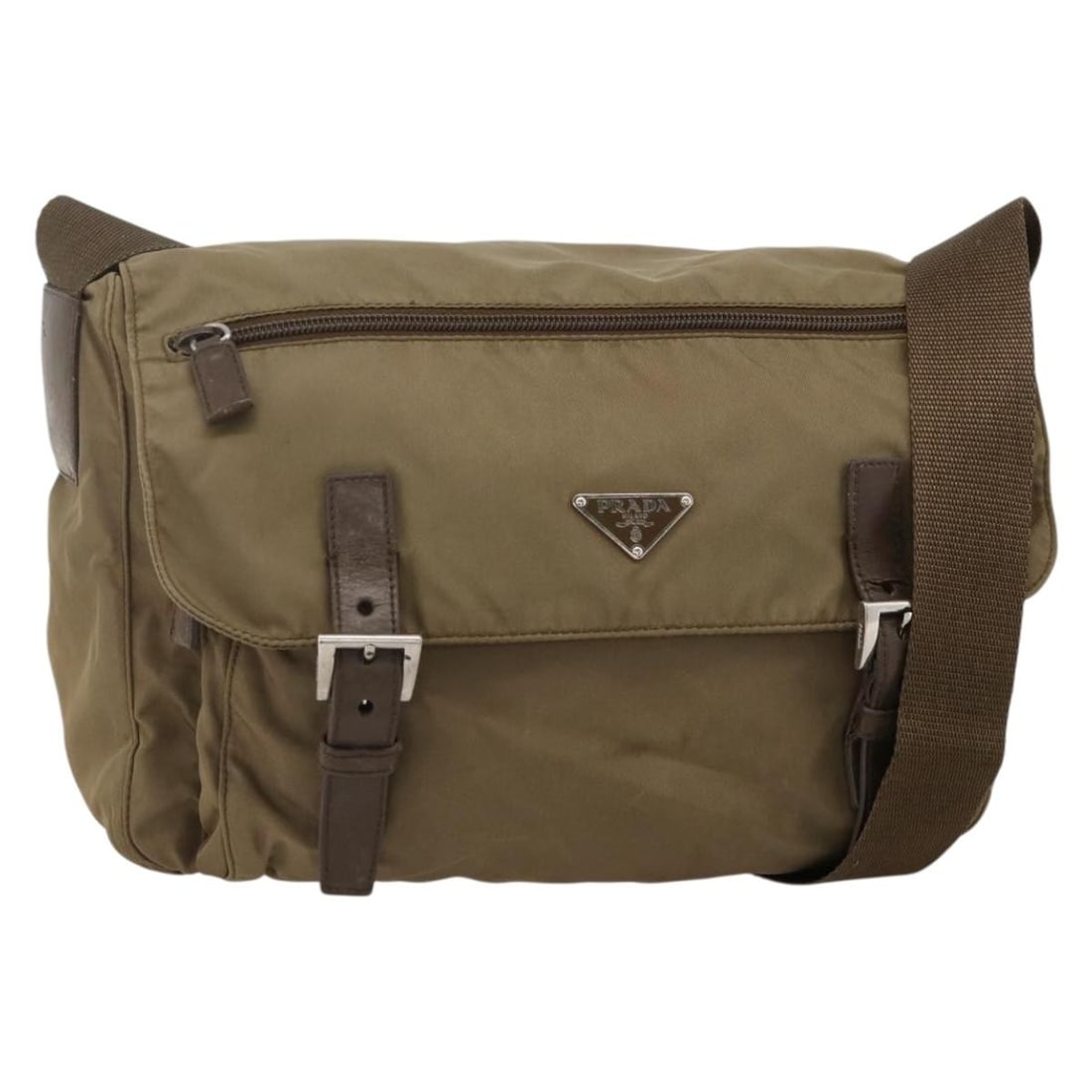 PRADA Nylon Shoulder Bag in Beige and Silver: PRADA Nylon Shoulder Bag in Beige and Silver Authentic Prada shoulder bag in beige and silver nylon. This women's bag is made in Italy and features an adjustable shoulder strap. It is a heavily used i