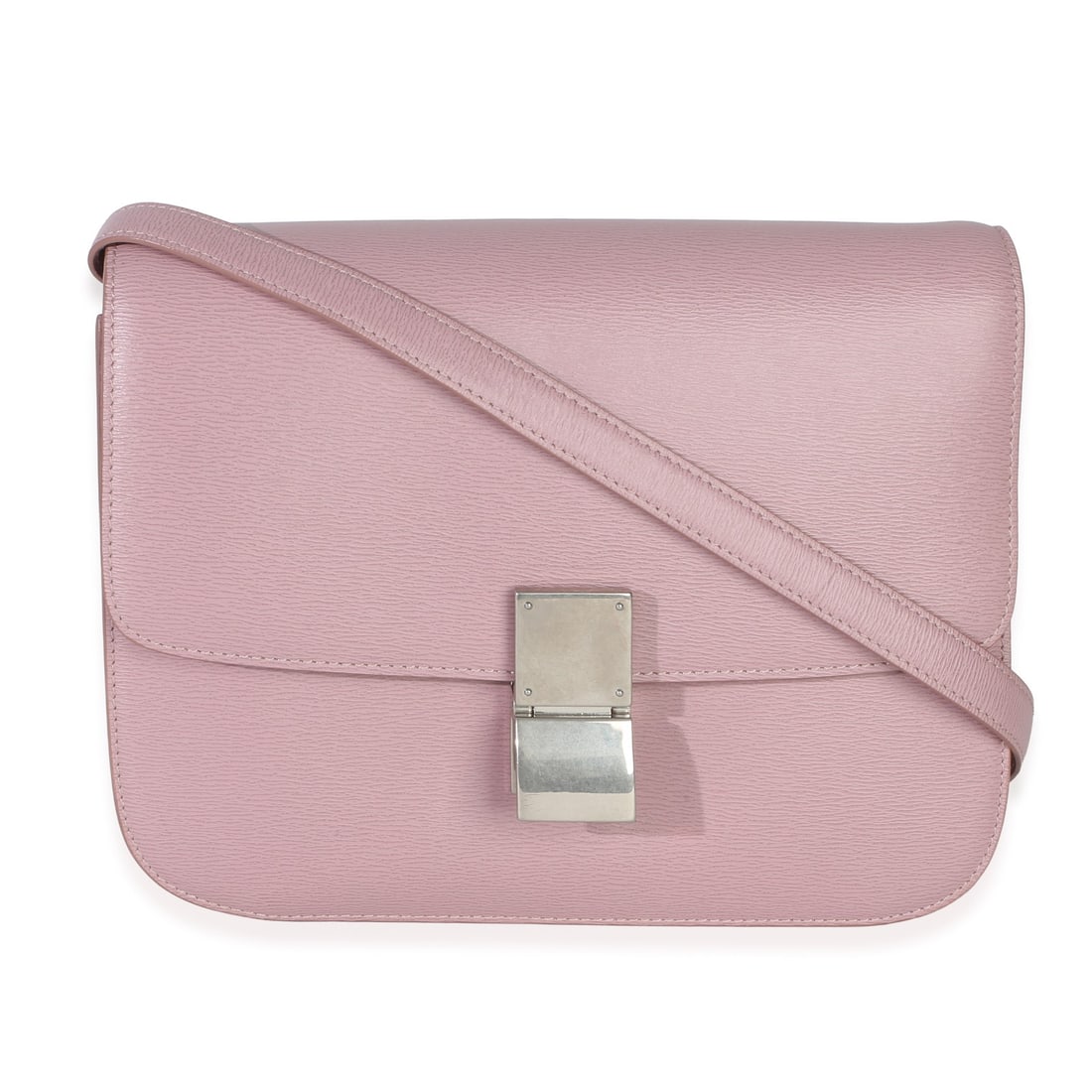 Celine Small Box Bag Pink Textured Calfskin Shoulder Bag: Celine Small Box Bag Pink Textured Calfskin Shoulder Bag This Celine Small Box Bag is crafted from pink textured calfskin leather and features a structured silhouette with a silver-tone clasp closure.