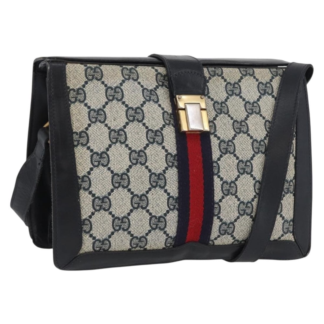 Gucci Sherry Line GG Supreme Navy PVC Shoulder Bag Gold Accents: Gucci Sherry Line GG Supreme Navy PVC Shoulder Bag Gold Accents This is a Gucci GG Supreme Sherry Line shoulder bag crafted from navy and gold PVC leather and GG canvas. Designed for women, the bag fe