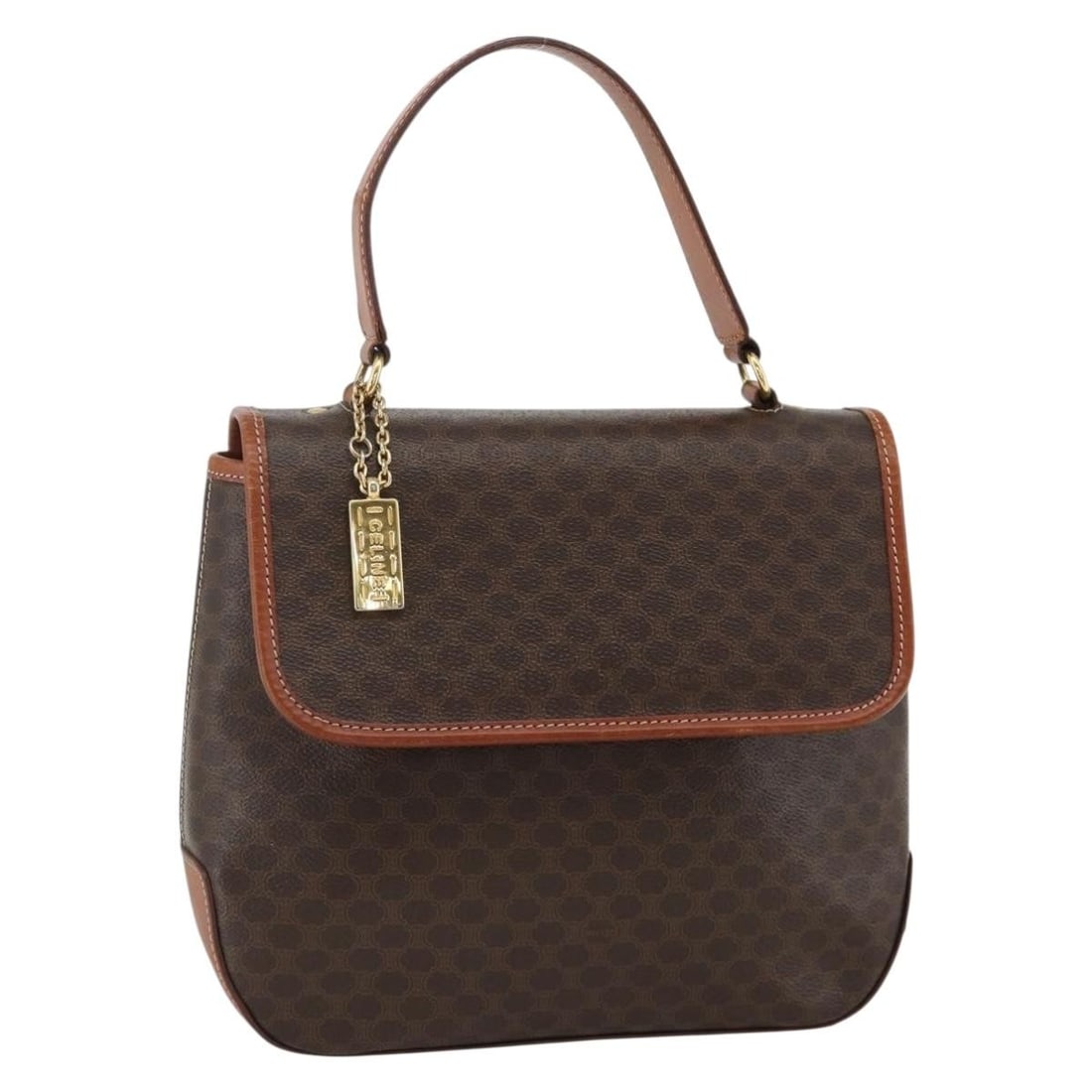 Celine Brown Macadam Canvas PVC Leather Handbag Gold Tone Accents: Celine Brown Macadam Canvas PVC Leather Handbag Gold Tone Accents This CELINE Macadam canvas handbag features a brown and gold PVC leather exterior with the signature Macadam pattern. Designed for wom