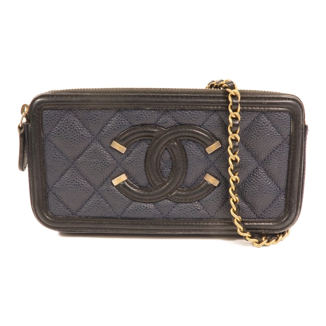 CHANEL A84450 CC Filigree Shoulder Bag Navy Calfskin Chain Strap: CHANEL A84450 CC Filigree Shoulder Bag Navy Calfskin Chain Strap A CHANEL CC GHW Filigree Zipper Chain Shoulder Bag, model A84450, crafted in calfskin (cowhide) leather. It features a blue and navy co