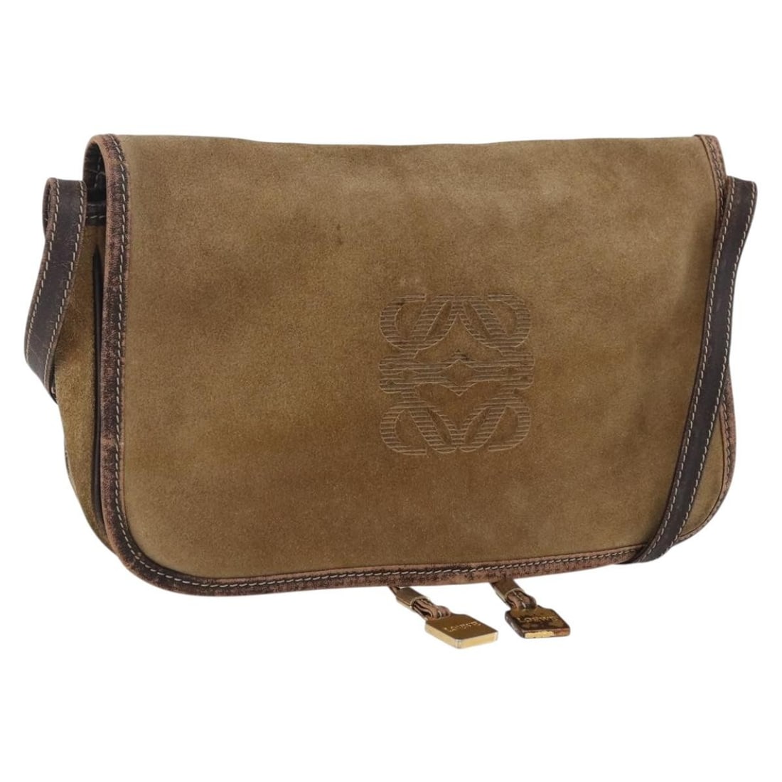 LOEWE Anagram suede brown gold shoulder bag: LOEWE Anagram suede brown gold shoulder bag This LOEWE anagram shoulder bag features a brown and gold suede exterior, offering a sophisticated look. Designed for women, it includes a long shoulder str