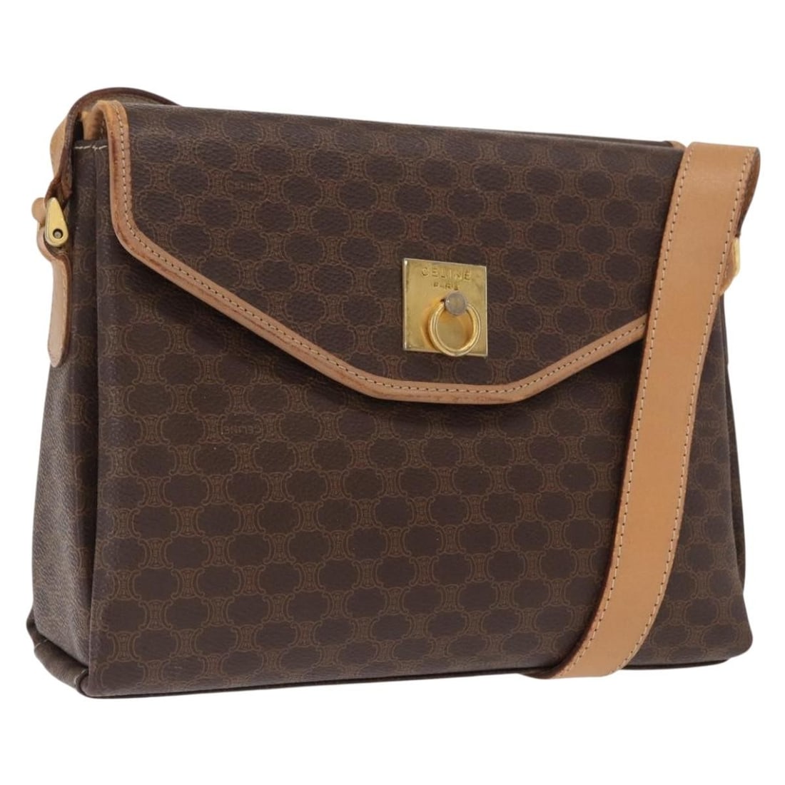 CELINE Macadam Canvas Brown Gold Shoulder Bag Italy: CELINE Macadam Canvas Brown Gold Shoulder Bag Italy This CELINE Macadam shoulder bag features a brown and gold PVC leather exterior with signature Macadam canvas detailing. Designed for women, the bag