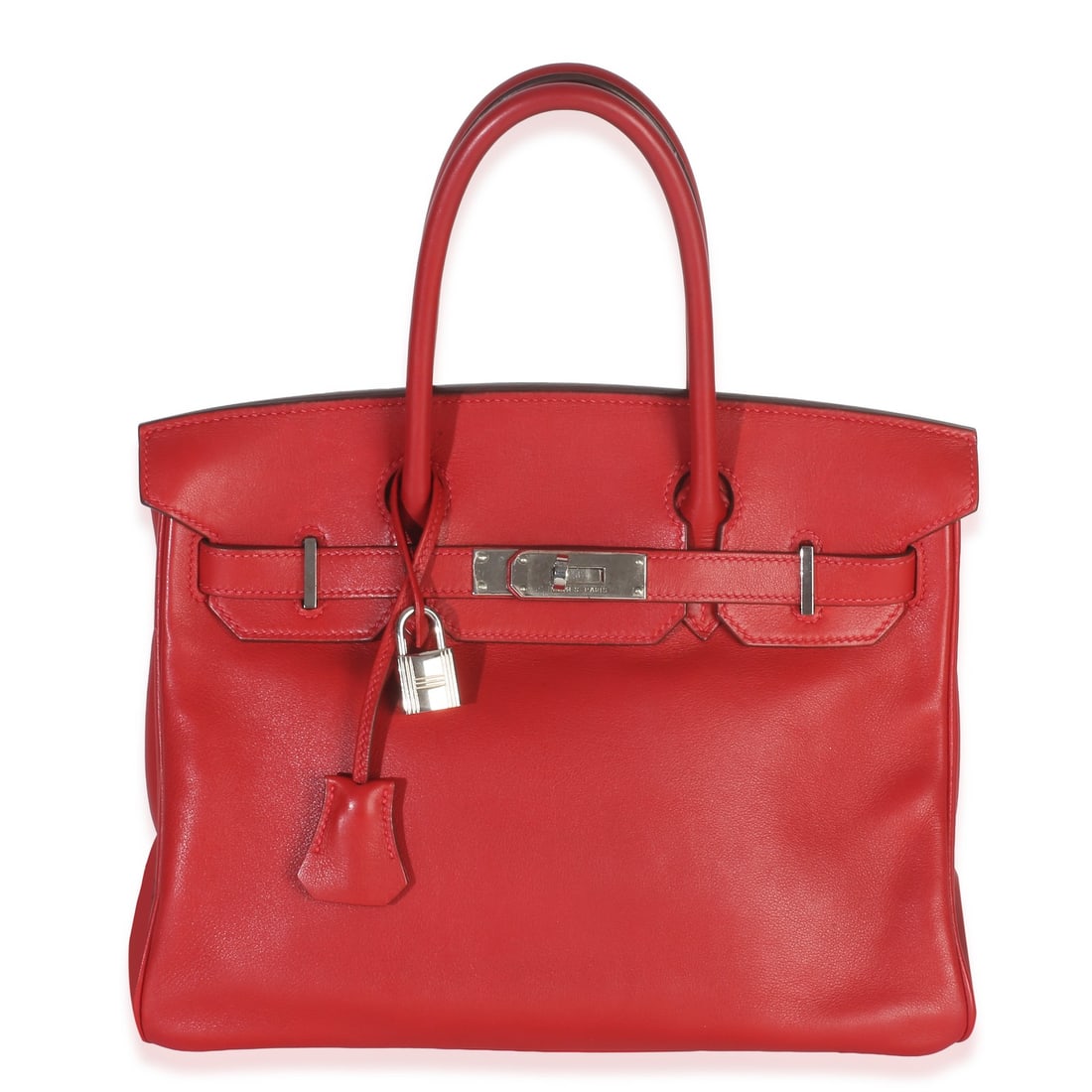 Hermes Birkin 30 red leather top handle handbag PHW: Hermes Birkin 30 red leather top handle handbag PHW This Hermes Birkin 30 handbag is crafted from Rouge Casaque Swift leather and features silver-tone hardware. The top handle design includes a turnlo