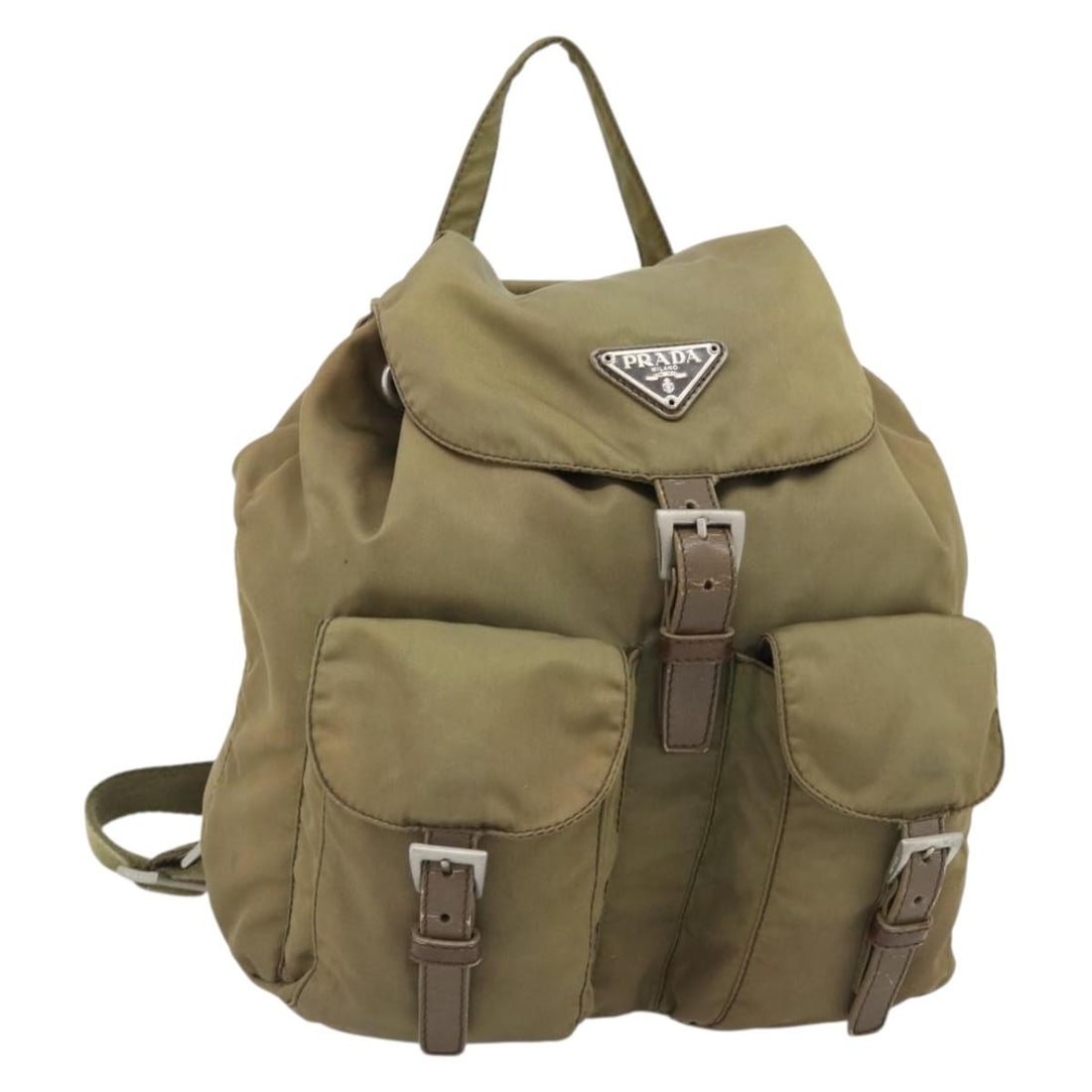 PRADA Nylon Backpack Khaki Silver Tone Made in Italy: PRADA Nylon Backpack Khaki Silver Tone Made in Italy Authentic PRADA women's backpack in khaki and silver nylon, made in Italy. This heavily used bag shows visible wear throughout, including loss of s