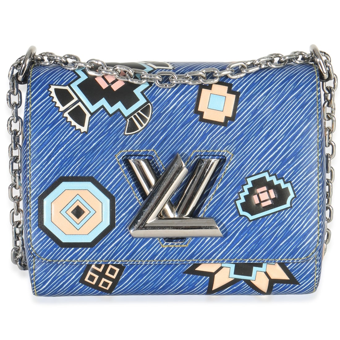 Louis Vuitton Twist PM Blue Leather Shoulder Bag with Mirror: Louis Vuitton Twist PM Blue Leather Shoulder Bag with Mirror This Louis Vuitton Twist PM shoulder bag features a distinctive blue denim Aztec Epi leather exterior with silver-tone hardware and a turnl