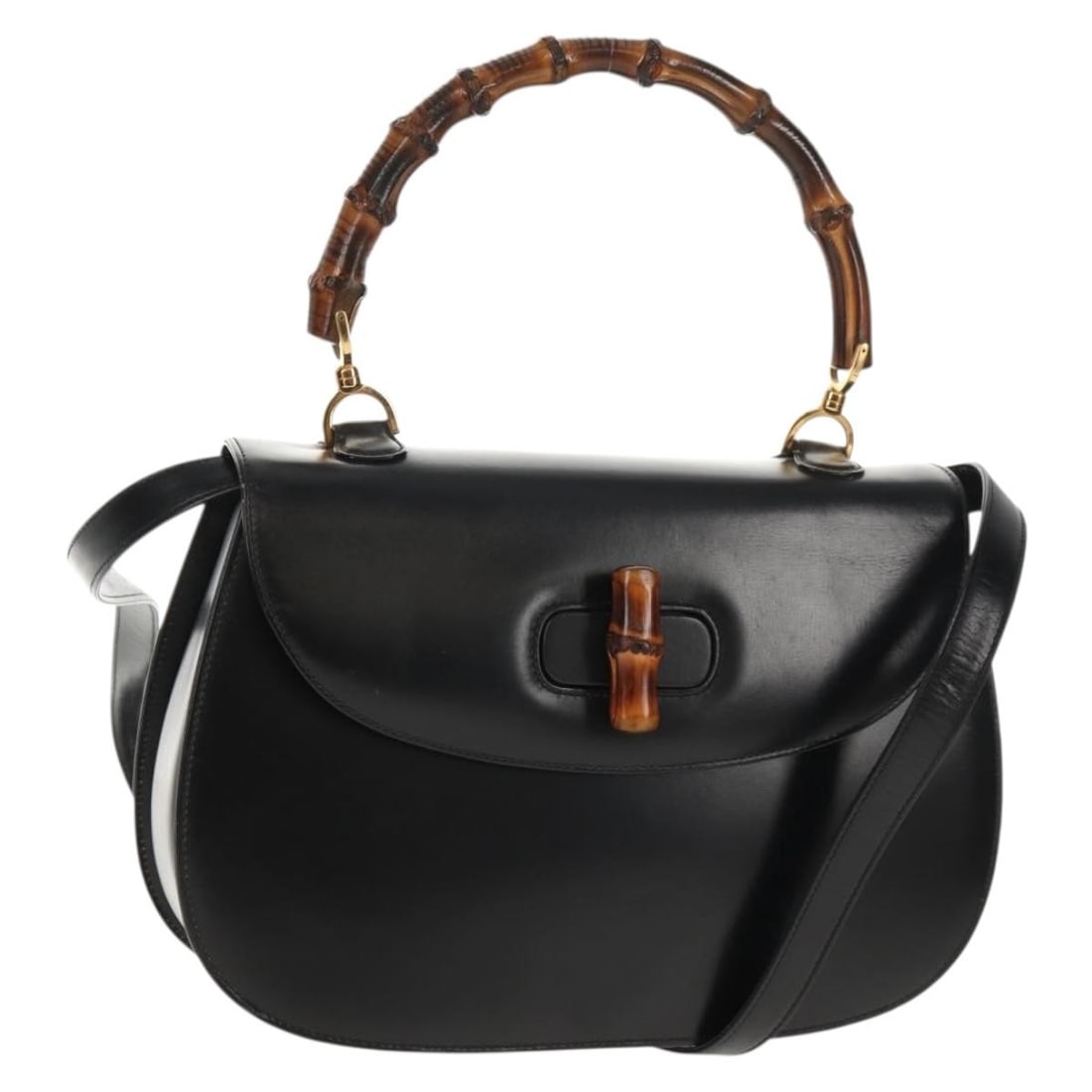 Gucci Black Leather Bamboo Top Handle and Shoulder Bag Gold Hardware: Gucci Black Leather Bamboo Top Handle and Shoulder Bag Gold Hardware This GUCCI Bamboo handbag features a black leather exterior with gold-tone accents and includes both a top handle and a detachable 