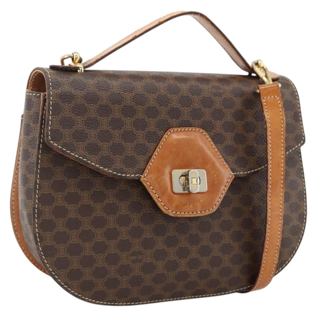 CELINE Macadam Canvas Brown Gold 2way Shoulder Bag with Strap: CELINE Macadam Canvas Brown Gold 2way Shoulder Bag with Strap This CELINE Macadam Canvas hand bag features a classic brown and gold color scheme with PVC leather and Macadam canvas construction. Desig