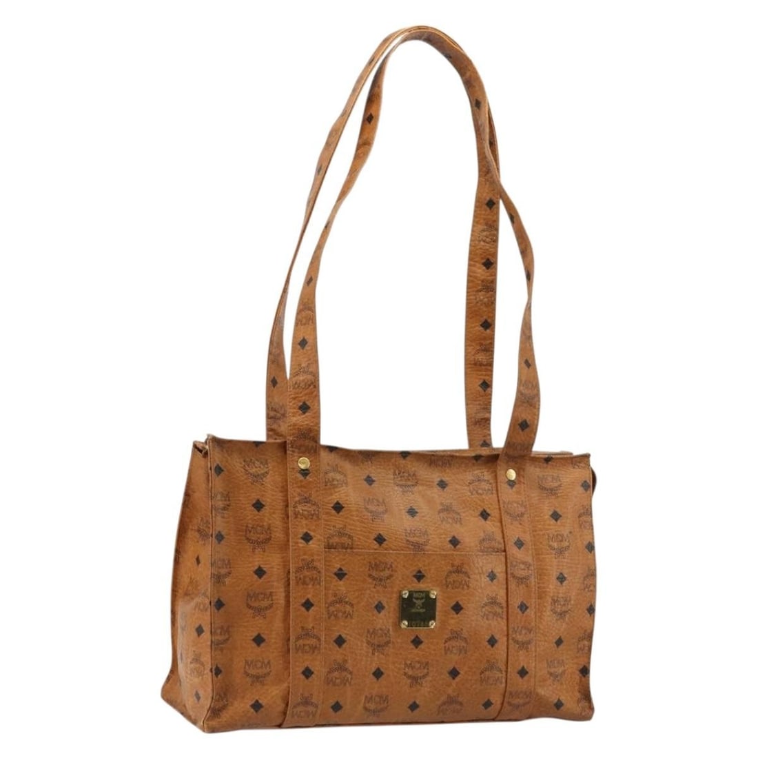 MCM Vicetos Brown Gold PVC Leather Tote Auth BA12397A: MCM Vicetos Brown Gold PVC Leather Tote Auth BA12397A This MCM Vicetos Logogram tote bag is crafted from PVC leather in a brown and gold color scheme. Designed for women, it features a spacious interi