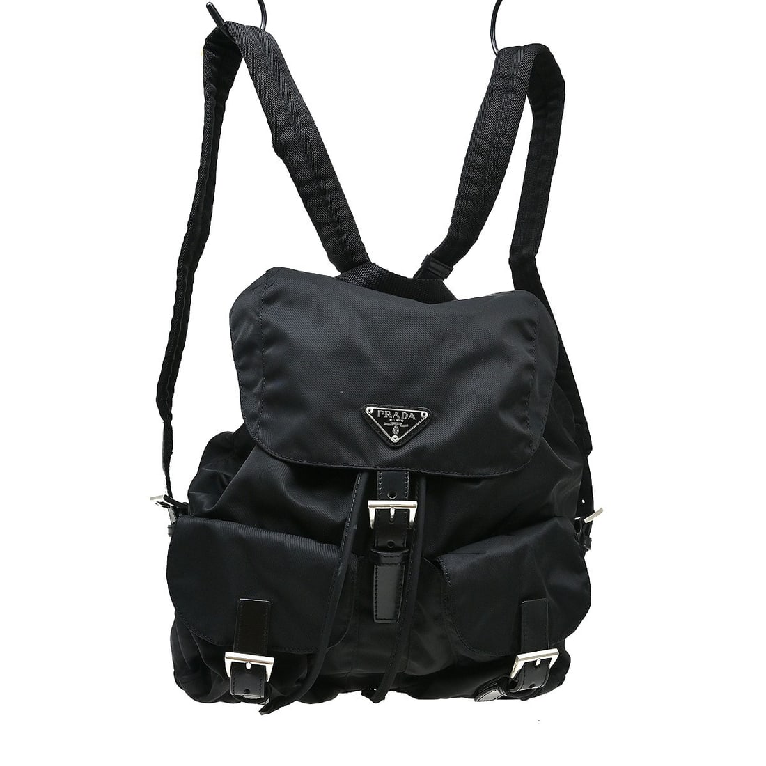 PRADA Medium Black Nylon Leather Backpack for Women: PRADA Medium Black Nylon Leather Backpack for Women Prada women's medium backpack in black, made in Italy from nylon and leather with a logo accent. It features two exterior pockets and one interior z