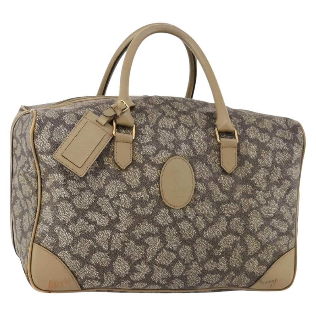 Saint Laurent Beige Gray PVC Leather Boston Bag with Name Tag: Saint Laurent Beige Gray PVC Leather Boston Bag with Name Tag This Saint Laurent Boston Bag features a beige and gray exterior crafted from PVC leather. Designed for women, the bag offers ample storag