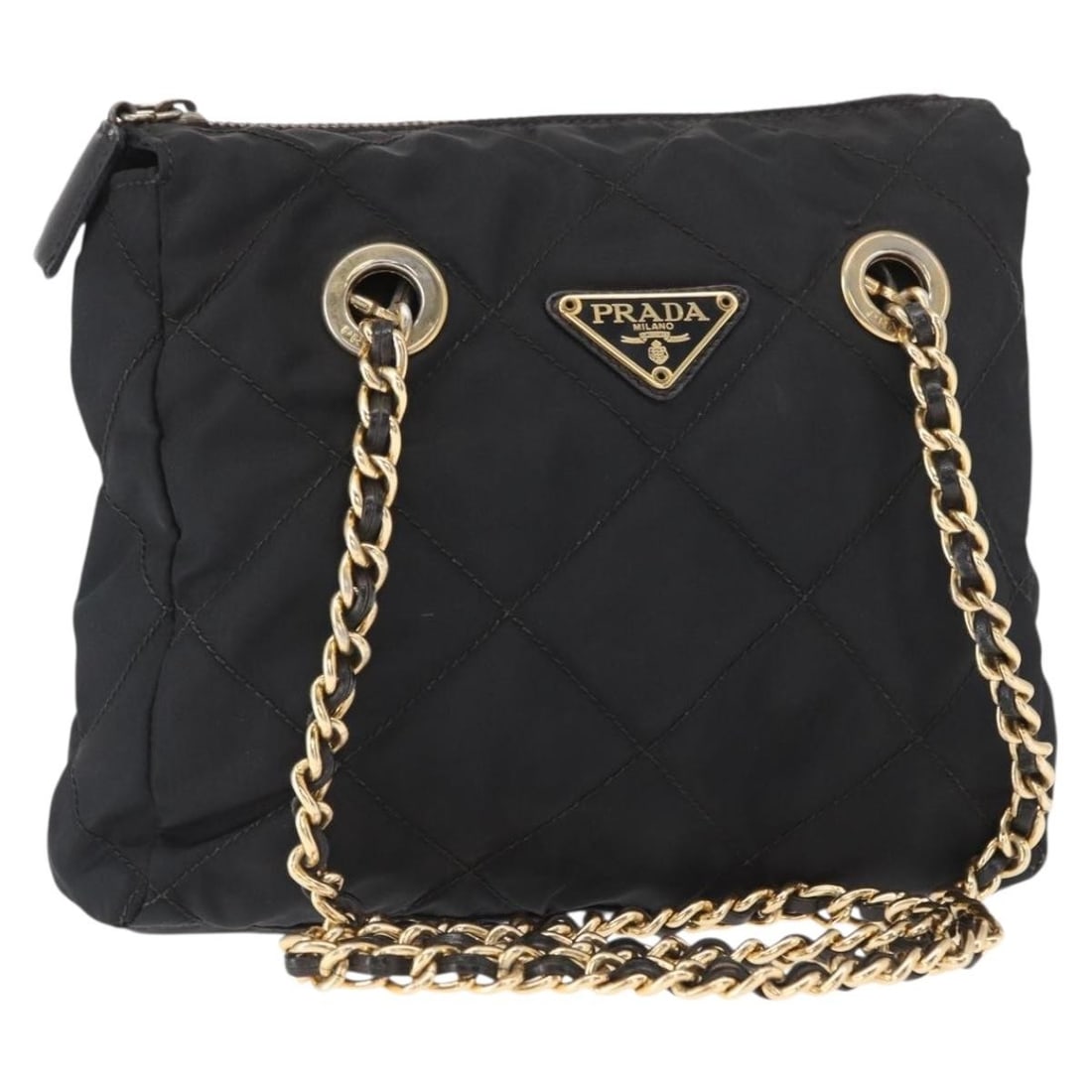 PRADA Black Nylon Shoulder Bag with Gold Chain Strap: PRADA Black Nylon Shoulder Bag with Gold Chain Strap This Prada chain shoulder bag is crafted in black nylon with gold-tone accents and is made in Italy. It features a shoulder bag style and comes wit