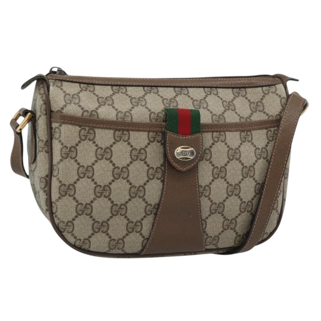 Gucci 89 02 032 GG Supreme Sherry Web Shoulder Bag Beige PVC: Gucci 89 02 032 GG Supreme Sherry Web Shoulder Bag Beige PVC GUCCI Sherry Line shoulder bag in beige and gold, made from PVC leather and GG canvas. It features a shoulder strap with an approximate dro