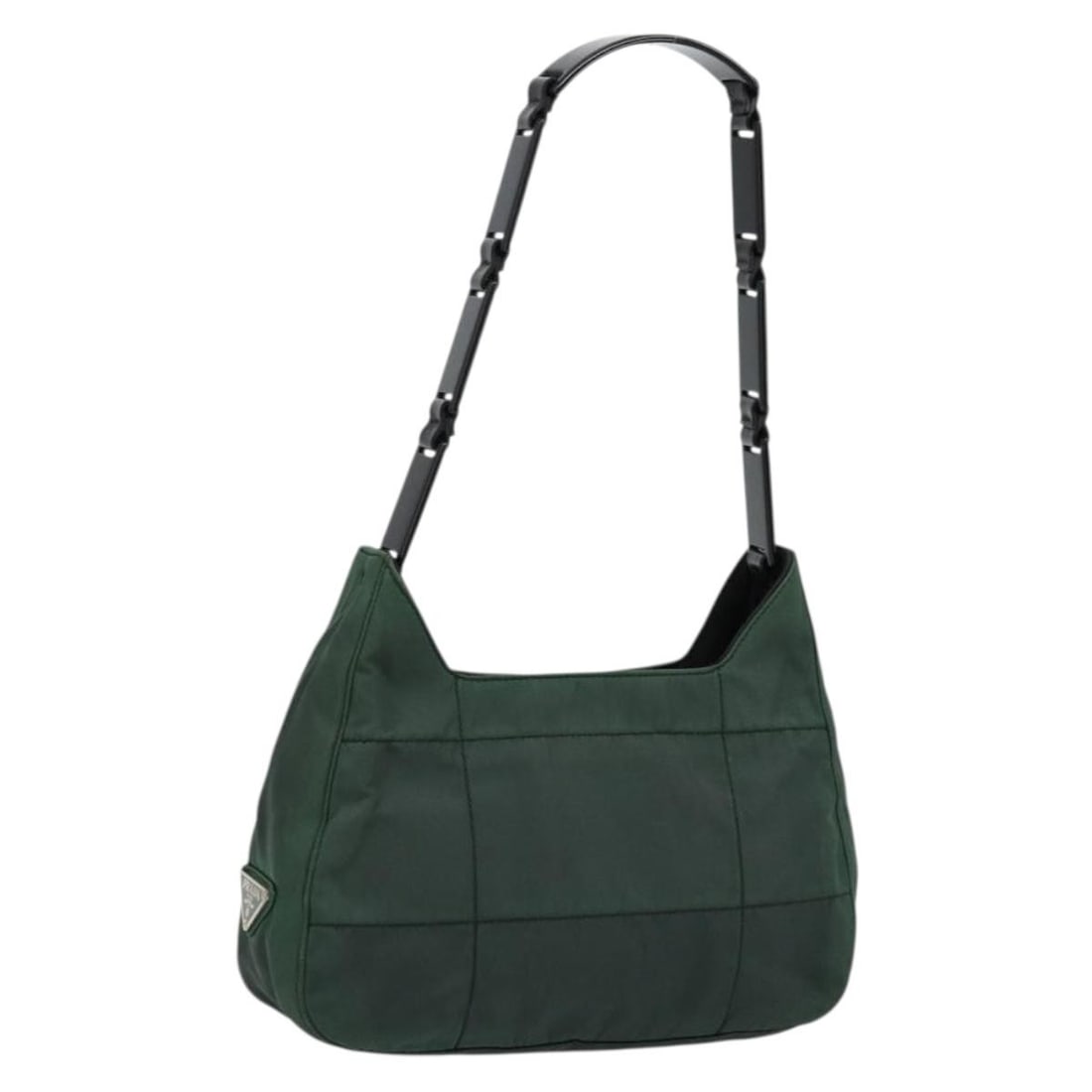 Prada Green Nylon Shoulder Bag Italy Silver Trim: Prada Green Nylon Shoulder Bag Italy Silver Trim This PRADA shoulder bag is crafted from green and silver nylon, offering a stylish and functional accessory for everyday use. Designed for women, it fe