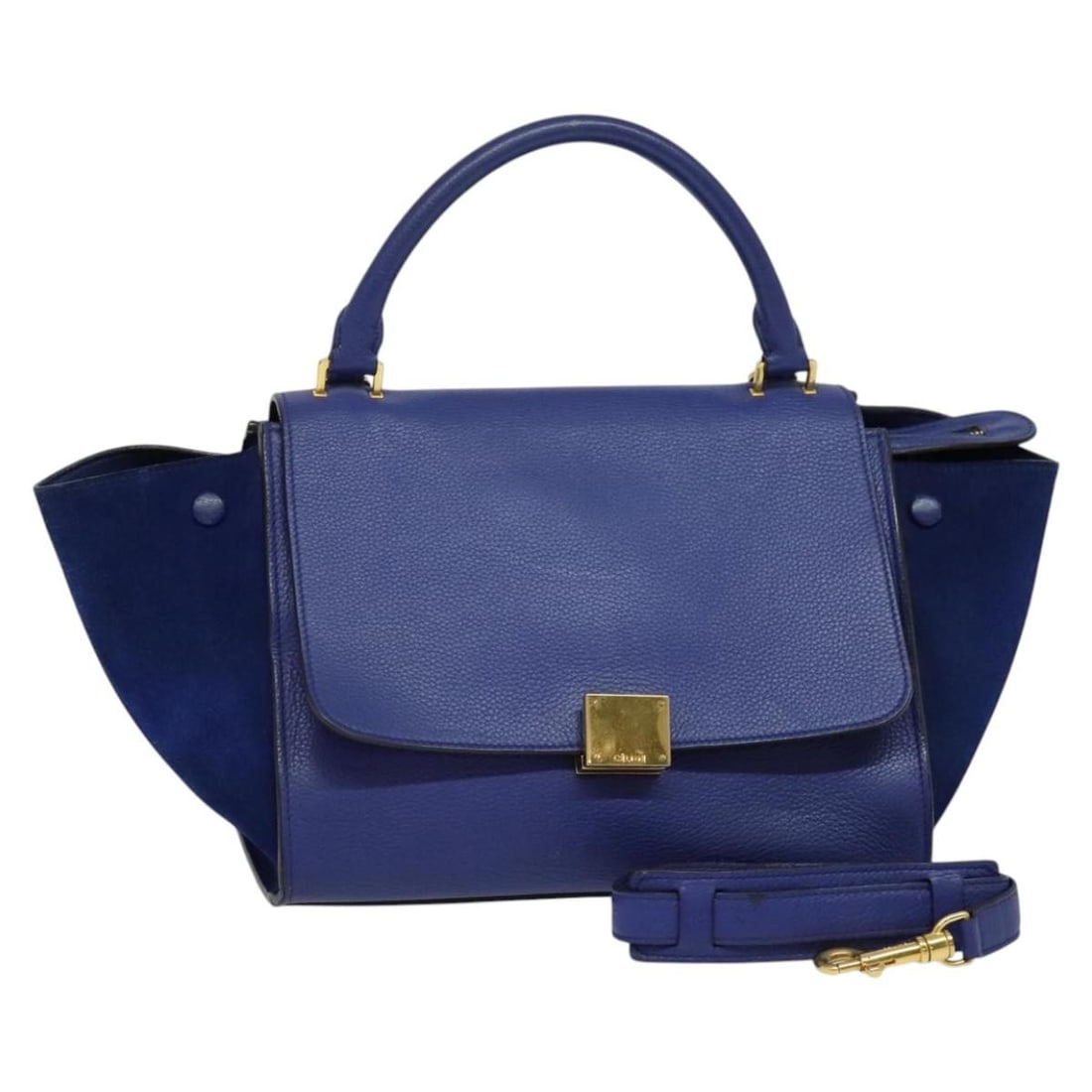 CELINE Trapeze 2way handbag blue leather suede with shoulder strap: CELINE Trapeze 2way handbag blue leather suede with shoulder strap CELINE Trapeze 2-way handbag in blue leather with gold-tone accents. Made in Italy, this women's bag includes a shoulder strap for ha