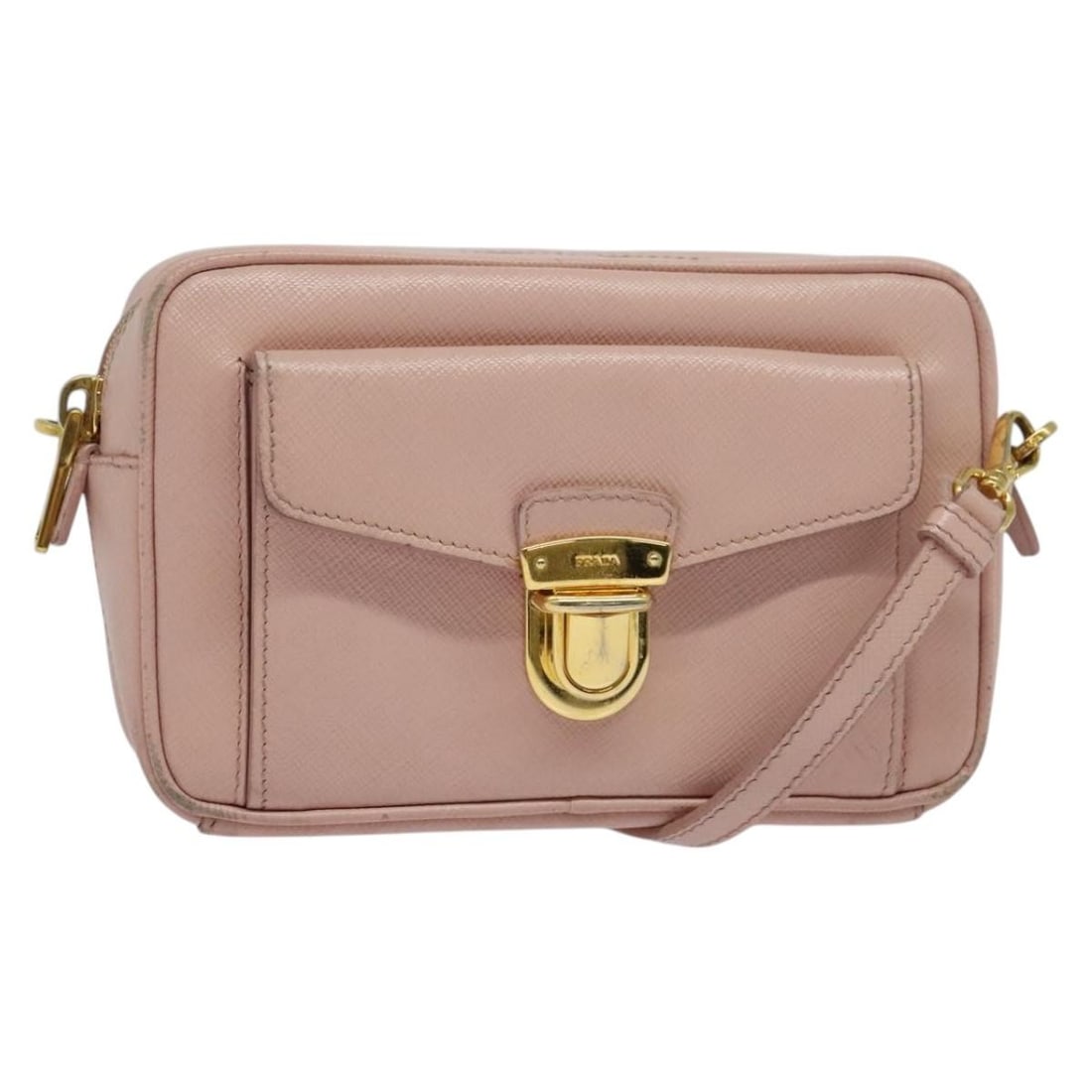 PRADA Pink Gold Saffiano Leather Shoulder Bag Auth 141282: PRADA Pink Gold Saffiano Leather Shoulder Bag Auth 141282 This elegant PRADA shoulder bag is crafted from luxurious Saffiano leather in a beautiful pink and gold color combination. Designed for both s