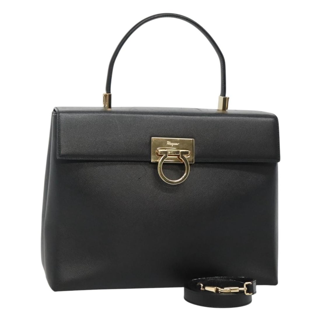 Salvatore Ferragamo Gancini 2way Leather Handbag Black Gold Strap: Salvatore Ferragamo Gancini 2way Leather Handbag Black Gold Strap Salvatore Ferragamo Gancini hand bag in leather with a black and gold exterior. It comes with a shoulder strap for 2-way use and was m
