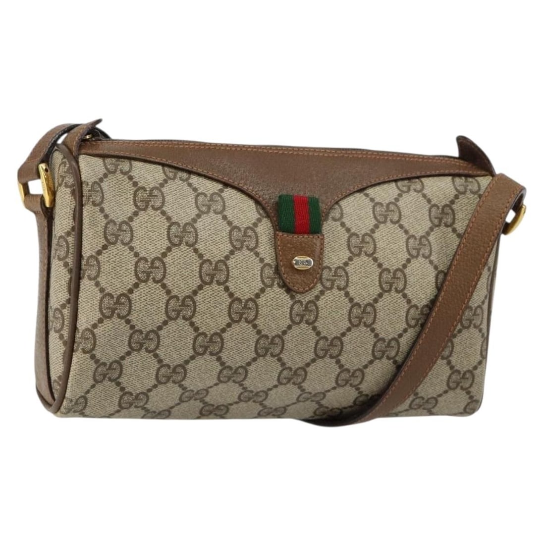 GUCCI GG Supreme Web Sherry Line Bag Beige Gold PVC Auth 89 02 018: GUCCI GG Supreme Web Sherry Line Bag Beige Gold PVC Auth 89 02 018 This GUCCI GG Supreme Web Sherry Line Shoulder Bag is a stylish accessory crafted from GG Canvas in a sophisticated beige and gold co