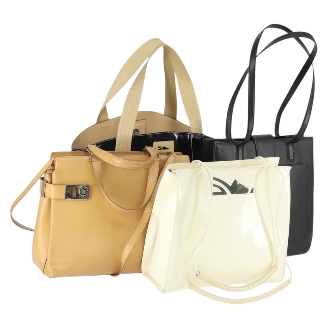 Set of 4 Salvatore Ferragamo Patent Leather Shoulder Bags Black Beige White: Set of 4 Salvatore Ferragamo Patent Leather Shoulder Bags Black Beige White This Salvatore Ferragamo shoulder bag set features four patent leather bags in black, beige, and white. Crafted in Italy, th