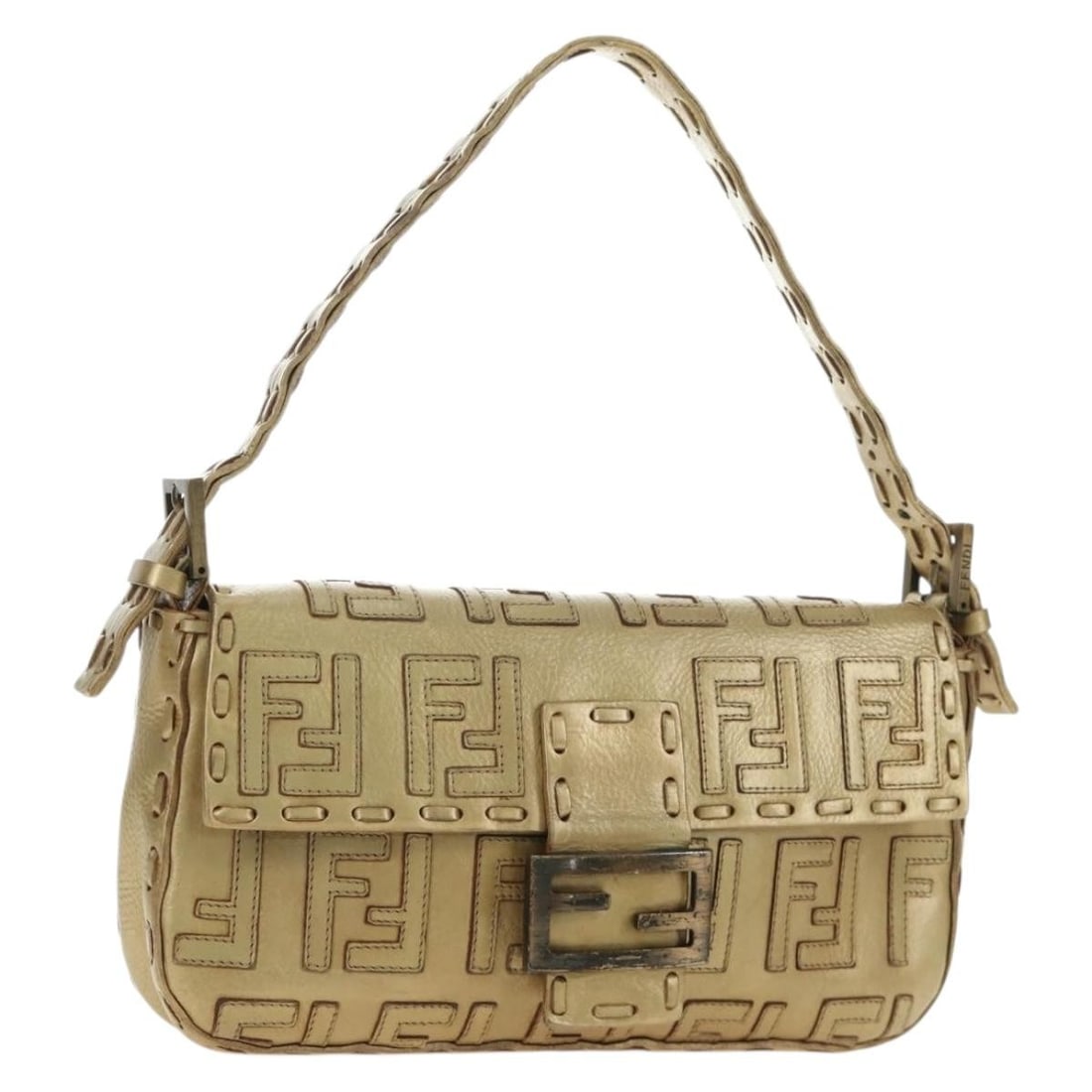 FENDI Mamma Baguette Shoulder Bag Zucca Canvas Leather Gold: FENDI Mamma Baguette Shoulder Bag Zucca Canvas Leather Gold Fendi Mamma Baguette shoulder bag in leather and Zucca canvas, made in Italy. It features a gold exterior, a shoulder strap with an approxim