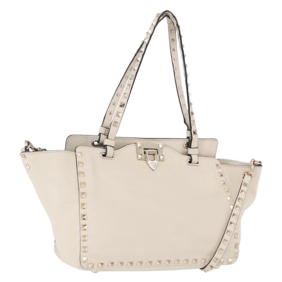 Valentino White Gold Leather 2way Handbag with Shoulder Strap: Valentino White Gold Leather 2way Handbag with Shoulder Strap VALENTINO leather 2way handbag in white and gold, made in Italy. It comes with a shoulder strap and features a structured bag style with a