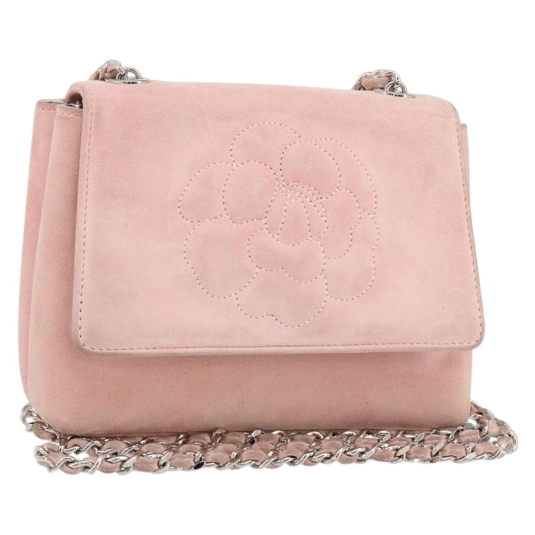 CHANEL Camellia Flap Suede Shoulder Bag Pink Silver Auth: CHANEL Camellia Flap Suede Shoulder Bag Pink Silver Auth Elevate your style with this authentic CHANEL Camellia Flap Chain Shoulder Bag, crafted from luxurious pink suede with silver accents. This chi