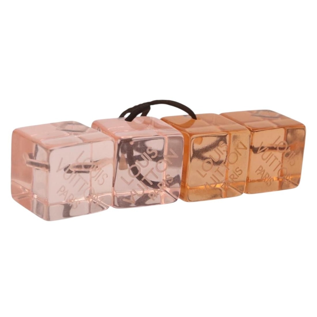 Louis Vuitton Orange Plastic Hair Tie Set of 2 with Box: Louis Vuitton Orange Plastic Hair Tie Set of 2 with Box Louis Vuitton hair tie set in orange plastic, designed for women. The item is made in France and comes with the item box. Condition is C, heavil