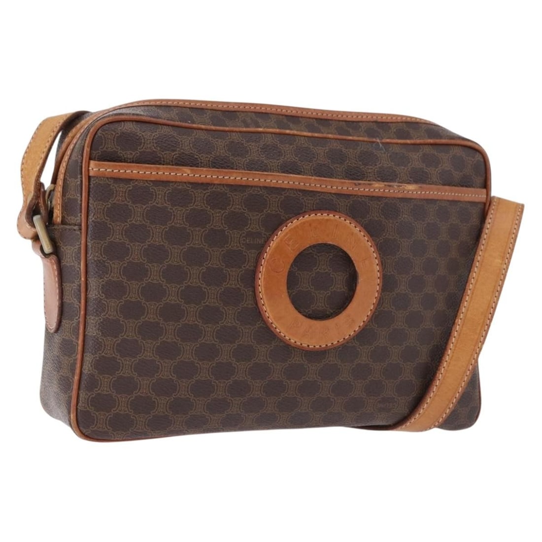 CELINE Circle Shoulder Bag Macadam Canvas PVC Leather Brown Gold: CELINE Circle Shoulder Bag Macadam Canvas PVC Leather Brown Gold A brown and gold shoulder bag crafted from PVC leather and Macadam canvas. It features a shoulder strap with an approximate drop of 49 