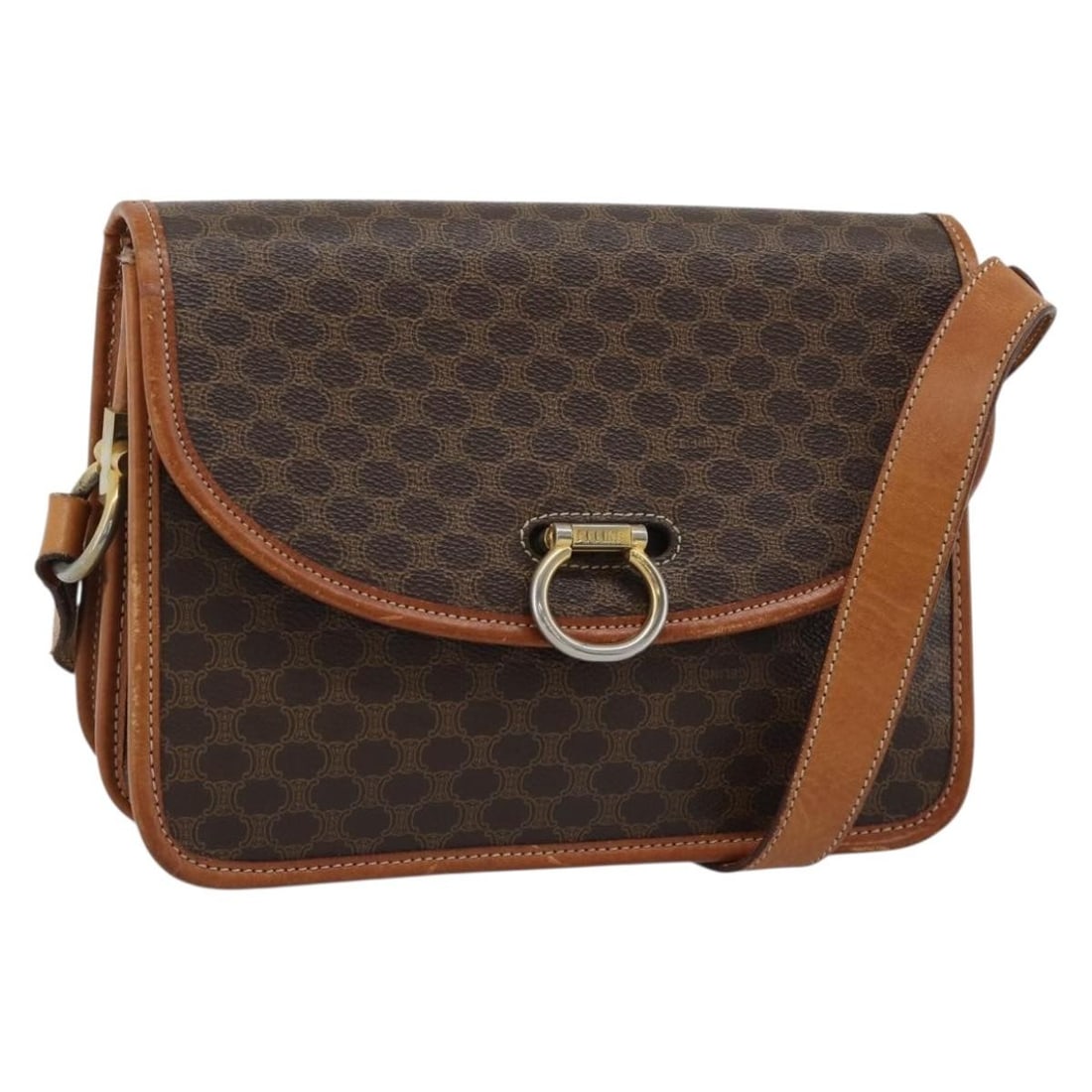 Celine Macadam Canvas PVC Leather Shoulder Bag Brown Gold Tone: Celine Macadam Canvas PVC Leather Shoulder Bag Brown Gold Tone Celine Macadam shoulder bag in brown and gold, made from PVC leather and Macadam canvas. It features a shoulder bag style with a shoulder