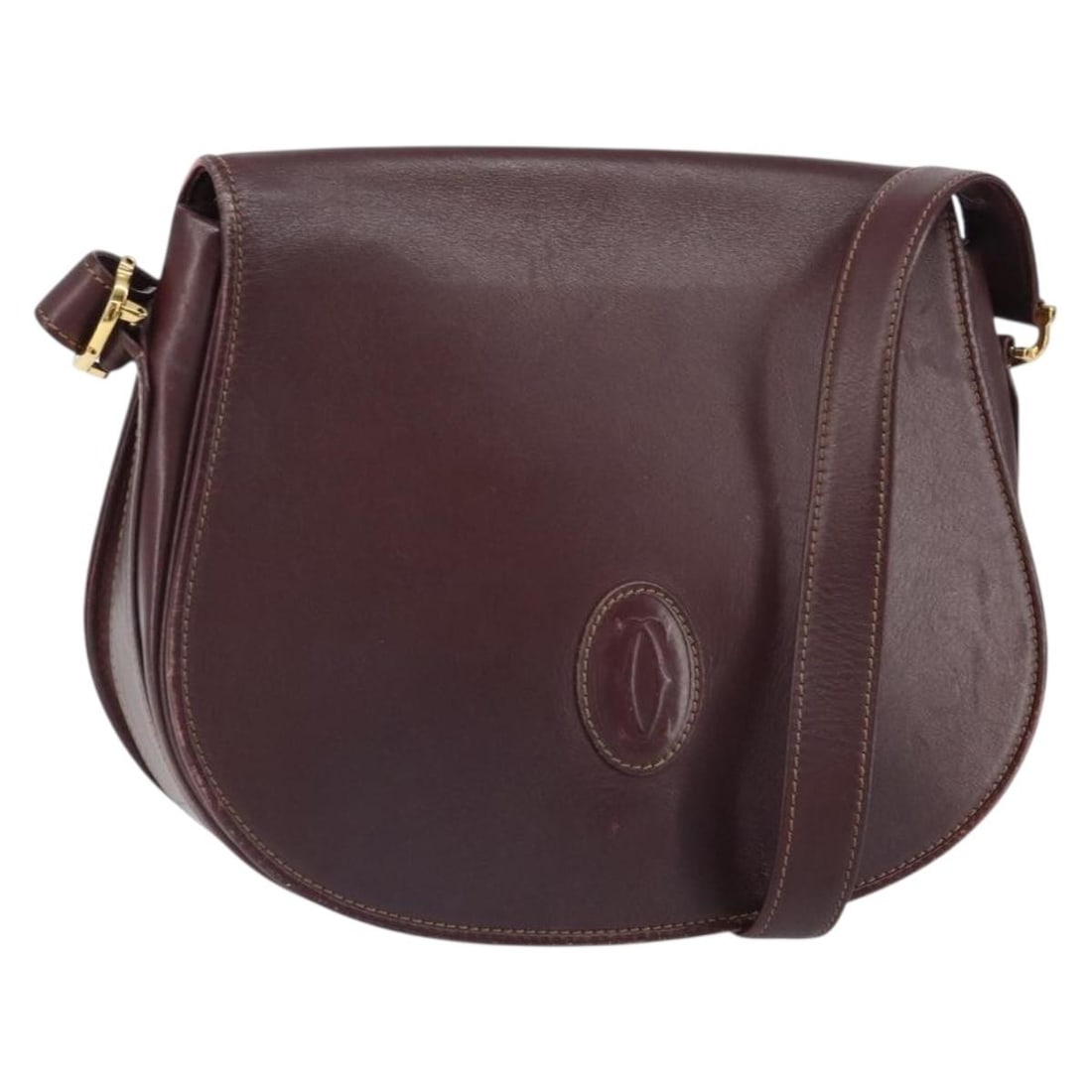 Cartier Bordeaux Leather Shoulder Bag with Adjustable Strap: Cartier Bordeaux Leather Shoulder Bag with Adjustable Strap This Cartier shoulder bag is crafted from Bordeaux leather with gold-tone accents and was made in Italy. The bag features a structured silho
