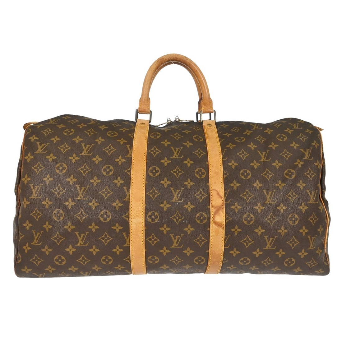 Louis Vuitton Keepall 55 Monogram Canvas Duffle Bag M41424: Louis Vuitton Keepall 55 Monogram Canvas Duffle Bag M41424 Louis Vuitton Keepall 55 travel handbag in Monogram canvas and leather, made in France. This vintage duffle-style bag features a zip closure,