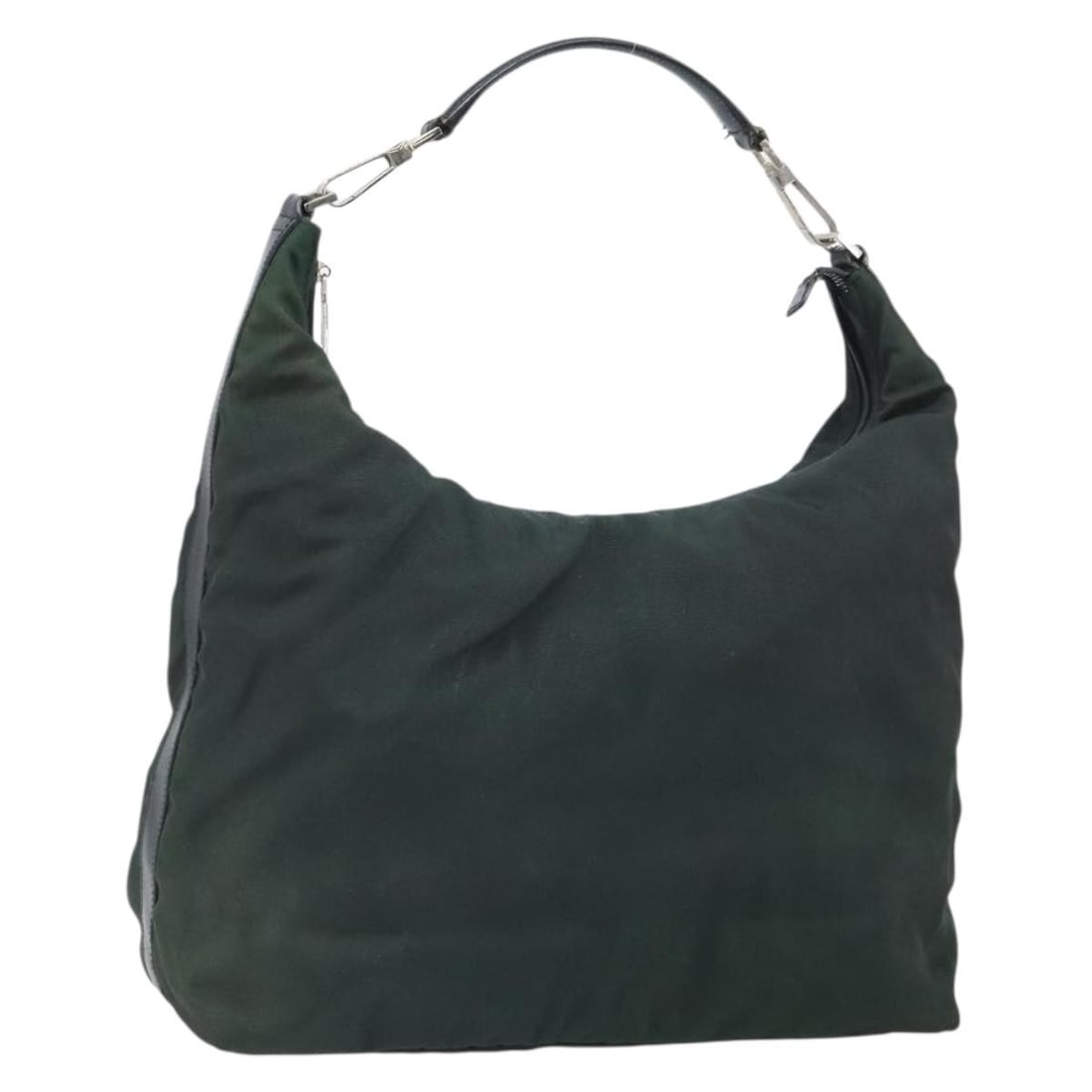 Green Nylon GUCCI Shoulder Bag with Silver Accents Model 001 1955 3444: Green Nylon GUCCI Shoulder Bag with Silver Accents Model 001 1955 3444 This is a Gucci shoulder bag crafted from green nylon with silver-tone accents. The bag shows signs of heavy use, including loss 