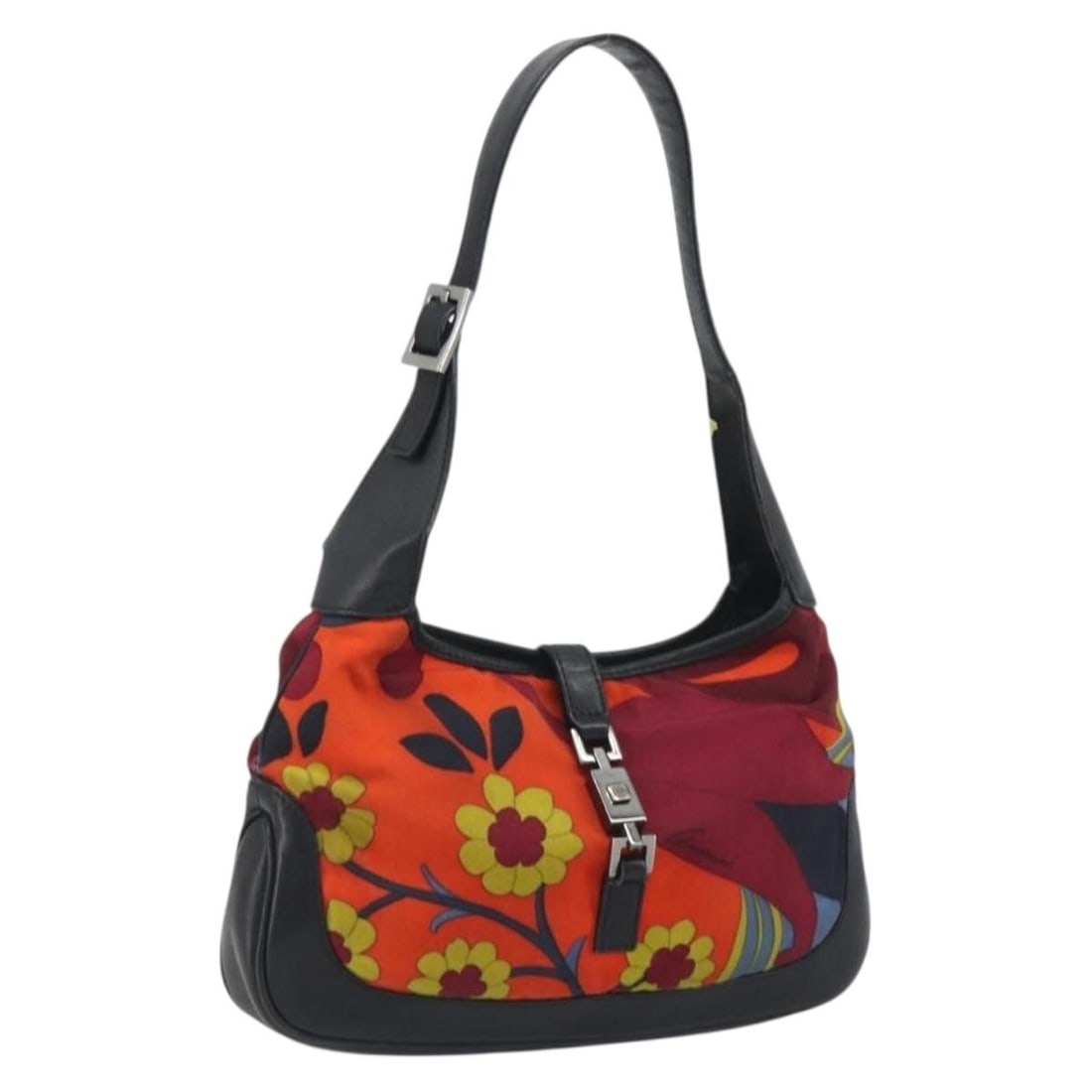 Gucci Jackie Canvas Shoulder Bag Orange Silver Tone 001 9735: Gucci Jackie Canvas Shoulder Bag Orange Silver Tone 001 9735 Gucci Jackie shoulder bag in orange and silver canvas, made in Italy. The bag measures approximately W26cm x H16cm x D3.5cm, with a shoulde