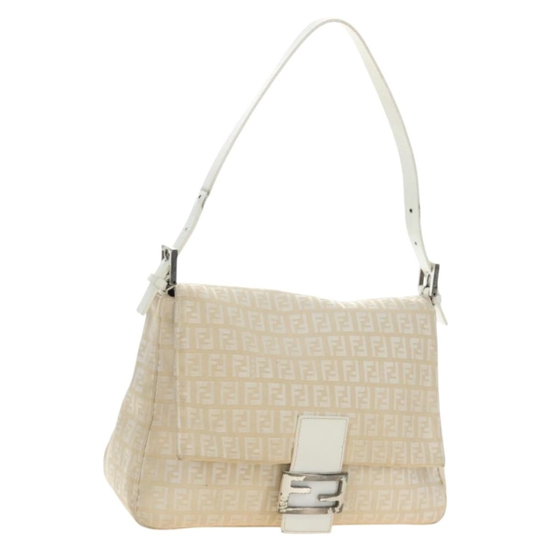 Fendi Mamma Baguette Shoulder Bag in White Silver Zucchino Canvas: Fendi Mamma Baguette Shoulder Bag in White Silver Zucchino Canvas Fendi Zucchino Canvas Mamma Baguette shoulder bag in white and silver. This women's shoulder bag is made in Italy and includes a dust 