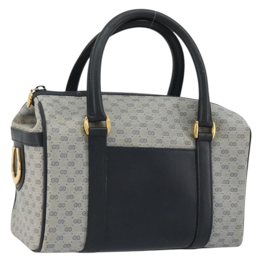 Gucci Boston Bag in Navy and Gold Micro GG PVC Leather: Gucci Boston Bag in Navy and Gold Micro GG PVC Leather Authentic Gucci Micro GG Supreme Boston bag in navy and gold PVC leather with leather trim. This women's handbag is made in Italy and features a 
