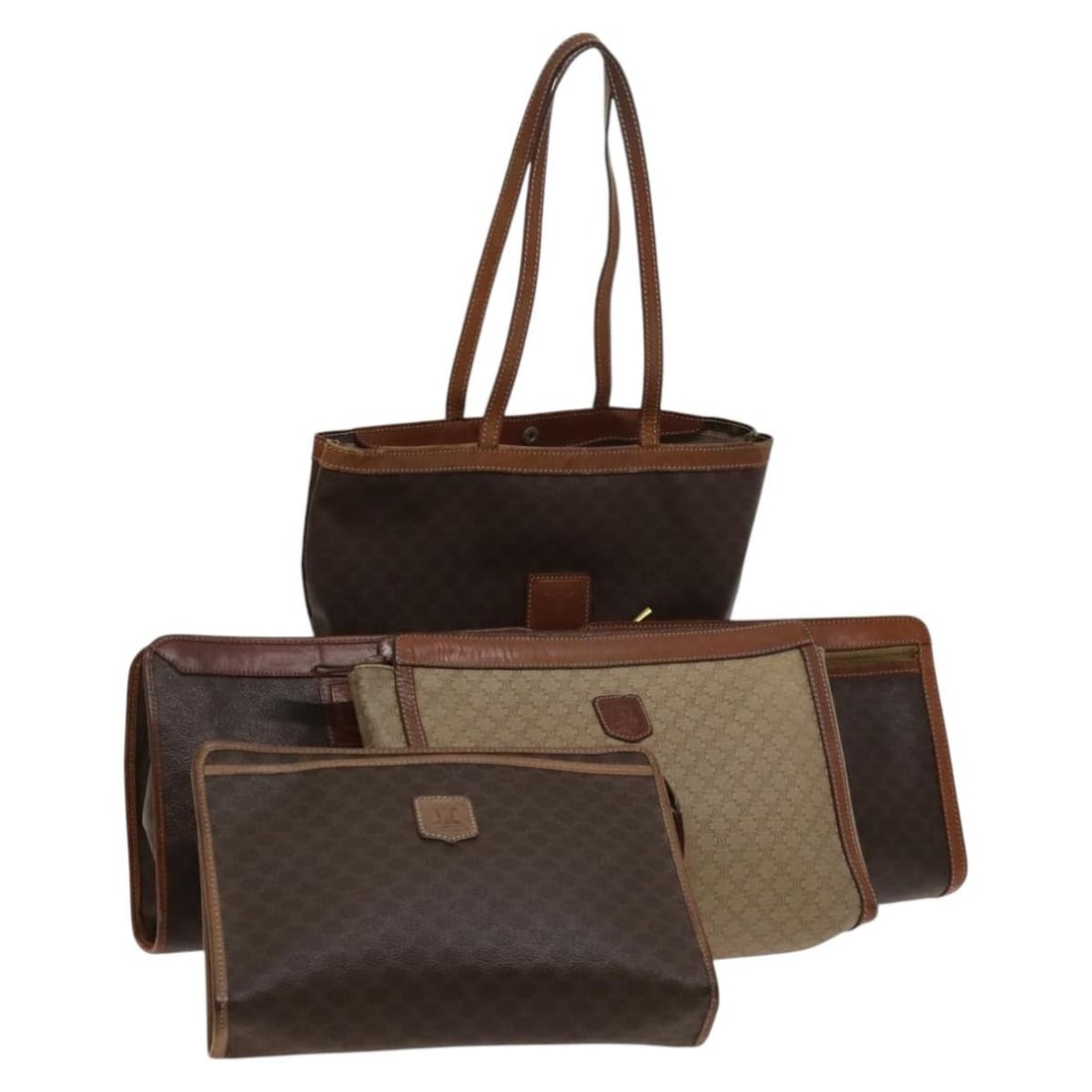 Set of 5 Celine Macadam Canvas Brown Beige PVC Leather Clutch Bags: Set of 5 Celine Macadam Canvas Brown Beige PVC Leather Clutch Bags This is a Celine Macadam clutch bag set crafted from PVC leather and Macadam canvas in brown and beige tones. Designed for women, the