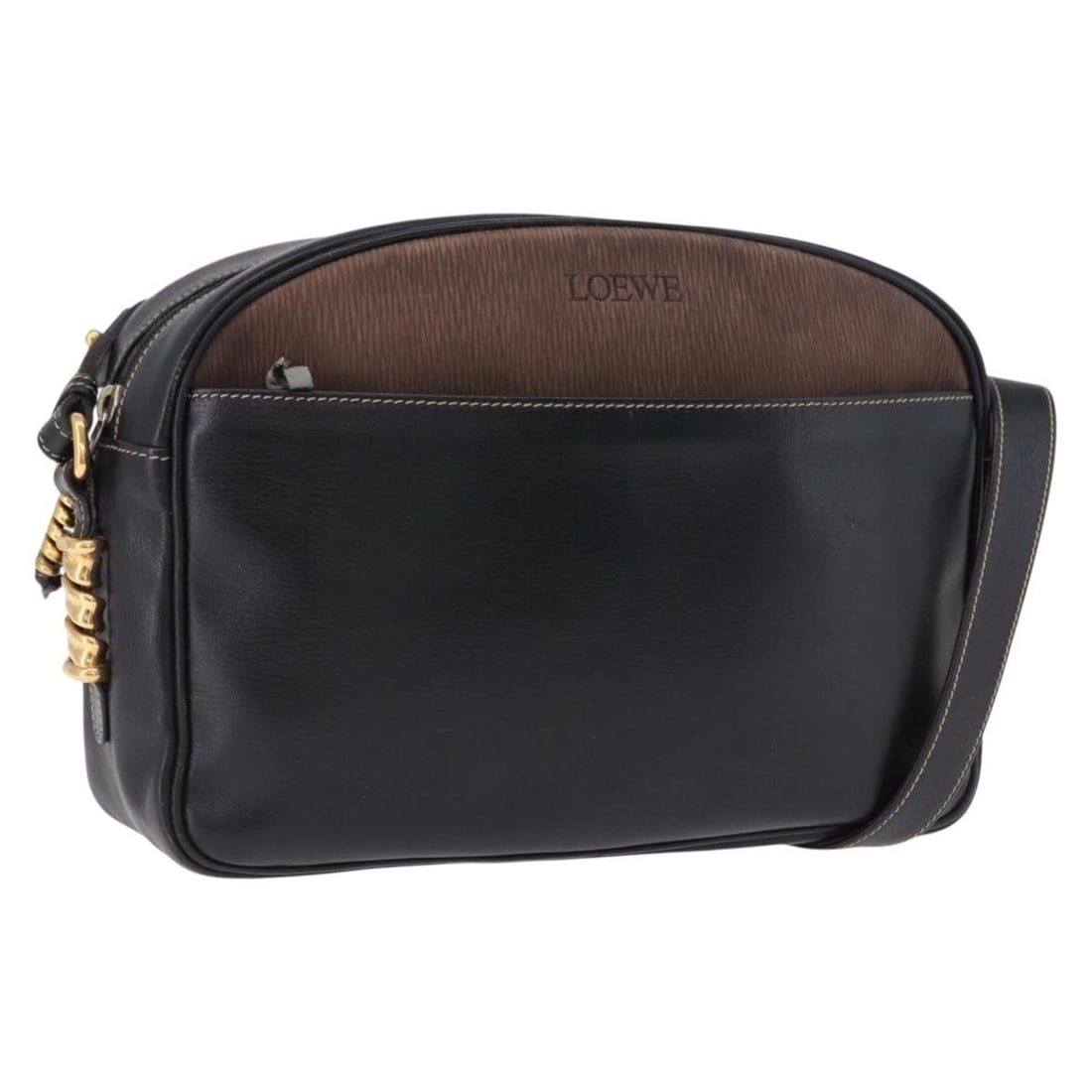 LOEWE Black Leather Shoulder Bag with Gold Tone Hardware: LOEWE Black Leather Shoulder Bag with Gold Tone Hardware Black and gold LOEWE leather shoulder bag in heavily used condition. The bag is described as rank BC and shows visible wear, including rubbing,