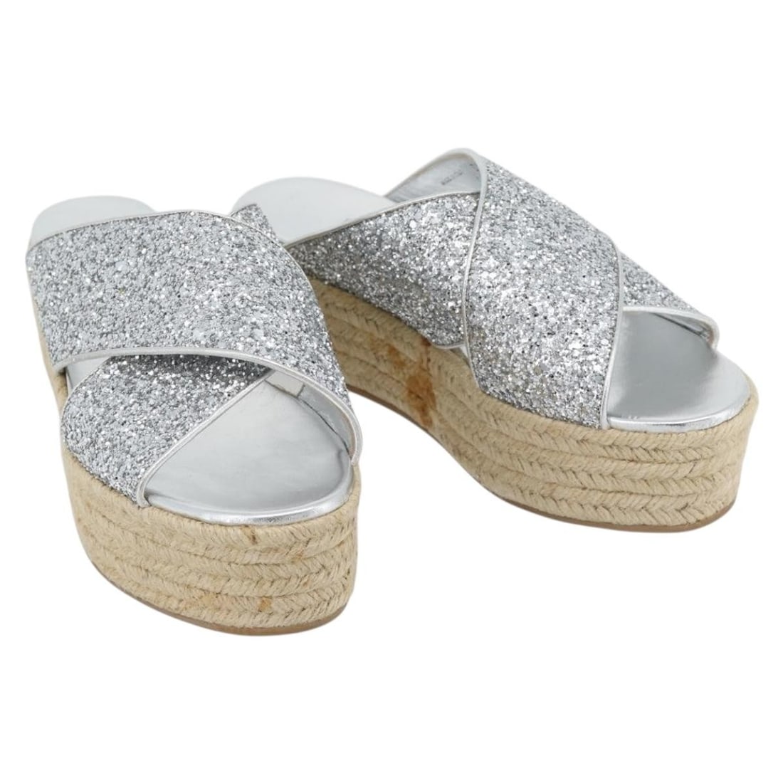 Miu Miu Womens Silver Glitter Raffia Sandals Size 25cm Italy: Miu Miu Womens Silver Glitter Raffia Sandals Size 25cm Italy Miu Miu women's sandals in silver, made in Italy, with a wood exterior and upper material. The item is heavily used and shows surface rubbi