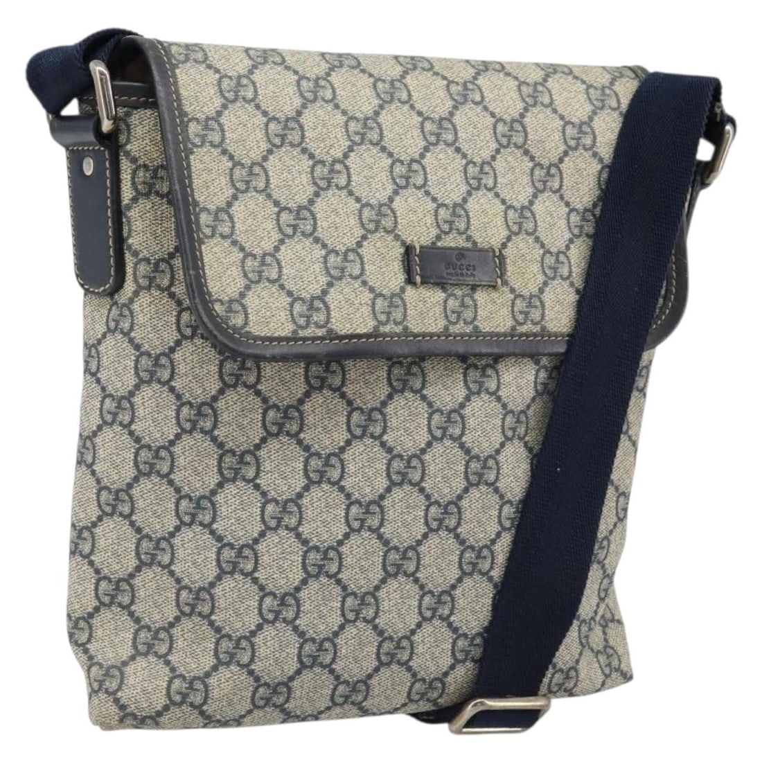 Gucci 223666 GG Supreme Navy PVC Leather Shoulder Bag: Gucci 223666 GG Supreme Navy PVC Leather Shoulder Bag GUCCI shoulder bag in navy PVC leather and GG canvas, made in Italy. It features a shoulder strap with an approximate drop of 15.0-25.2 inches (38