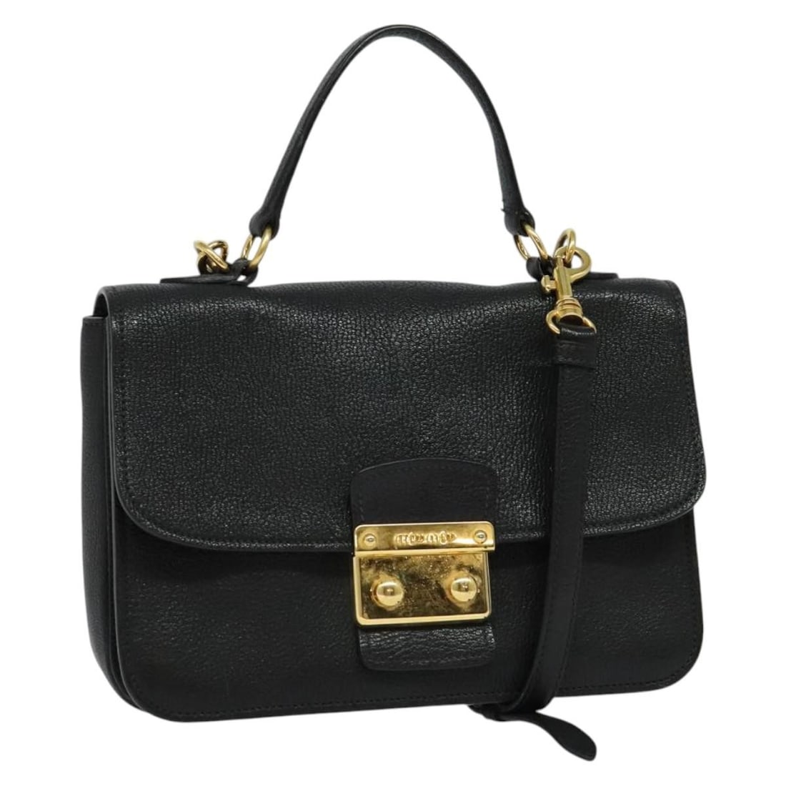 Miu Miu Black Gold Leather Hand Bag 2way Italy Auth 138148: Miu Miu Black Gold Leather Hand Bag 2way Italy Auth 138148 This Miu Miu Hand Bag is crafted from high-quality leather in a sophisticated black and gold color scheme. With dimensions of approximately 1