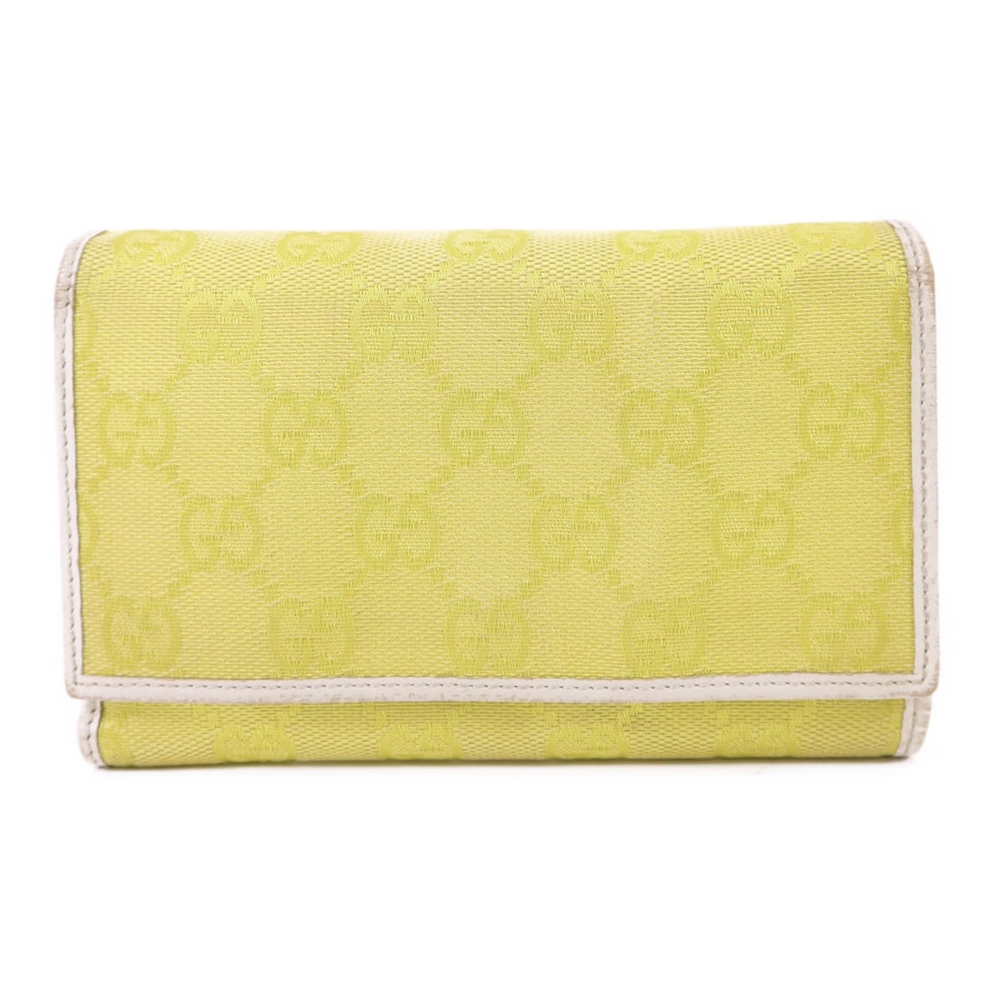 GUCCI 263114 Tri-fold Wallet in Yellow GG Canvas: GUCCI 263114 Tri-fold Wallet in Yellow GG Canvas This Gucci tri-fold wallet is made from GG canvas in yellow and is designed for women. It features a hook button closure, five card slots, three open p