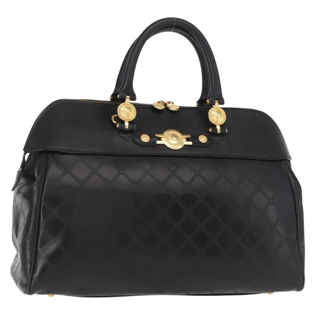 Versace Leather Handbag in Yellow and Black for Women: Versace Leather Handbag in Yellow and Black for Women Versace women's leather handbag in yellow and black. This heavily used bag shows visible wear throughout, including an out-of-shape exterior, rubb