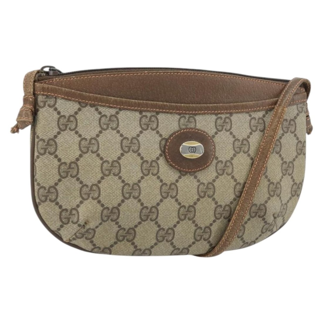 Beige GG Supreme Shoulder Bag by Gucci PVC Leather Gold Accents: Beige GG Supreme Shoulder Bag by Gucci PVC Leather Gold Accents This Gucci GG Supreme shoulder bag features beige and gold PVC leather with GG canvas accents. Designed for women, it offers a compact s