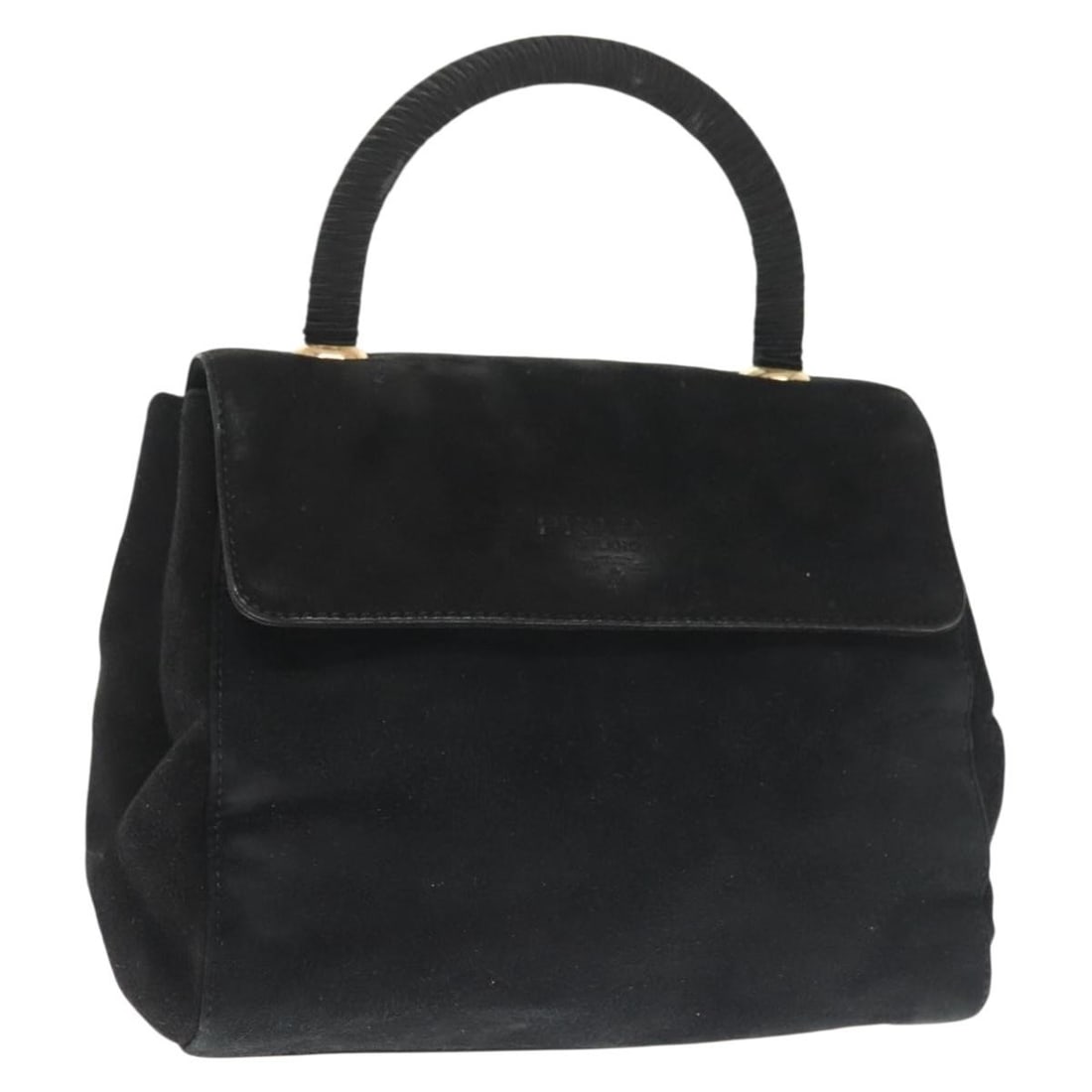 PRADA Black Suede Hand Bag with Gold Accents Auth 141959: PRADA Black Suede Hand Bag with Gold Accents Auth 141959 This authentic PRADA hand bag showcases a sophisticated design crafted from premium black suede with elegant gold accents. Made in Italy, this 