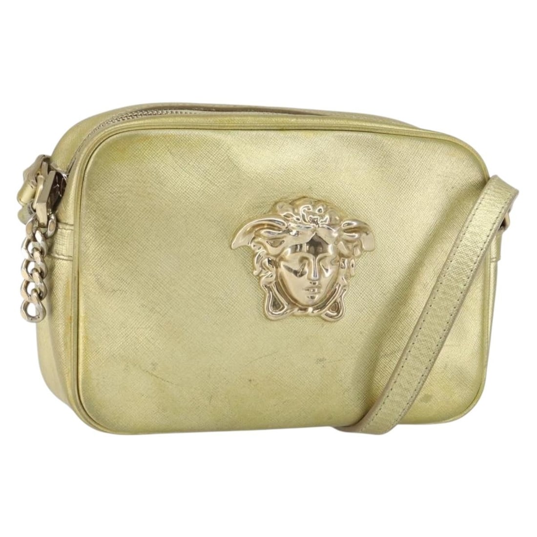 Versace Gold Leather Womens Shoulder Bag Made in Italy: Versace Gold Leather Womens Shoulder Bag Made in Italy Versace shoulder bag in gold leather with an adjustable shoulder drop. Made in Italy. This pre-owned bag is heavily used and shows visible wear t
