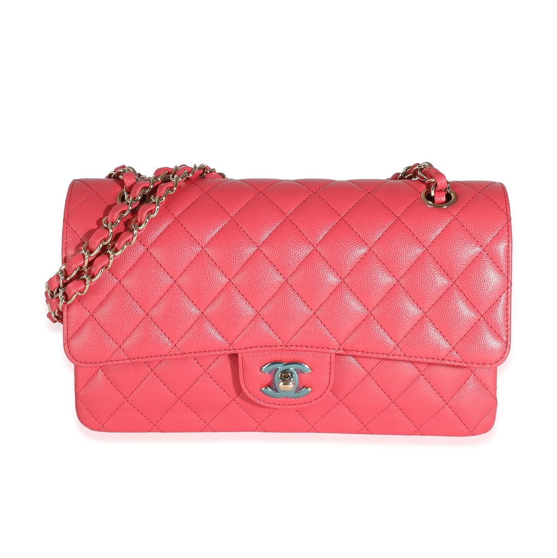 Chanel Medium Classic Double Flap Shoulder Bag Pink Caviar Leather: Chanel Medium Classic Double Flap Shoulder Bag Pink Caviar Leather A Chanel Medium Classic Double Flap Bag in dark pink quilted caviar leather. This pre-owned shoulder bag features a turnlock closure,