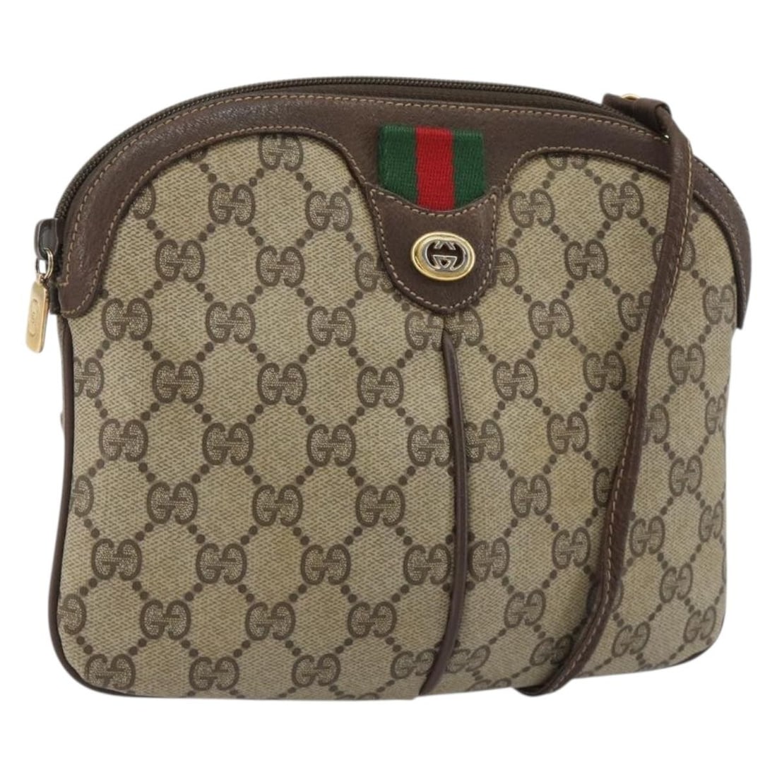 Gucci 904 02 047 GG Supreme Web Shoulder Bag Beige PVC Leather: Gucci 904 02 047 GG Supreme Web Shoulder Bag Beige PVC Leather Gucci GG Supreme Web Sherry Line shoulder bag in beige and gold, made in Italy from PVC leather and GG canvas. The bag measures approxima